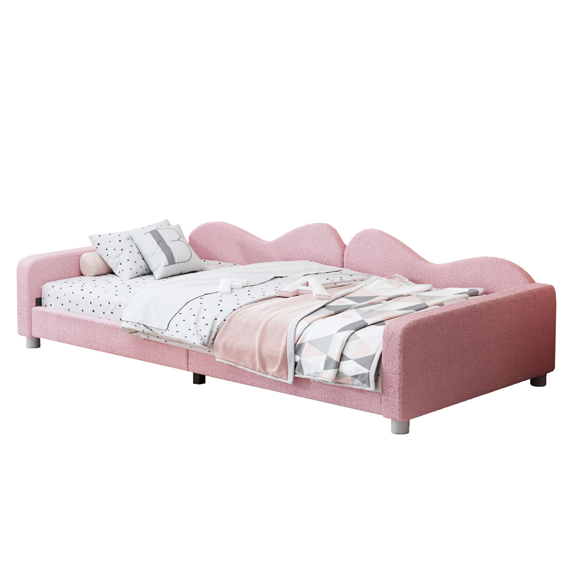 OKWISH DĚTSKÁ postel 214,5/95/42 cm růžová z MDF, sametu a kovu s opěrkou zad a bočnicemi