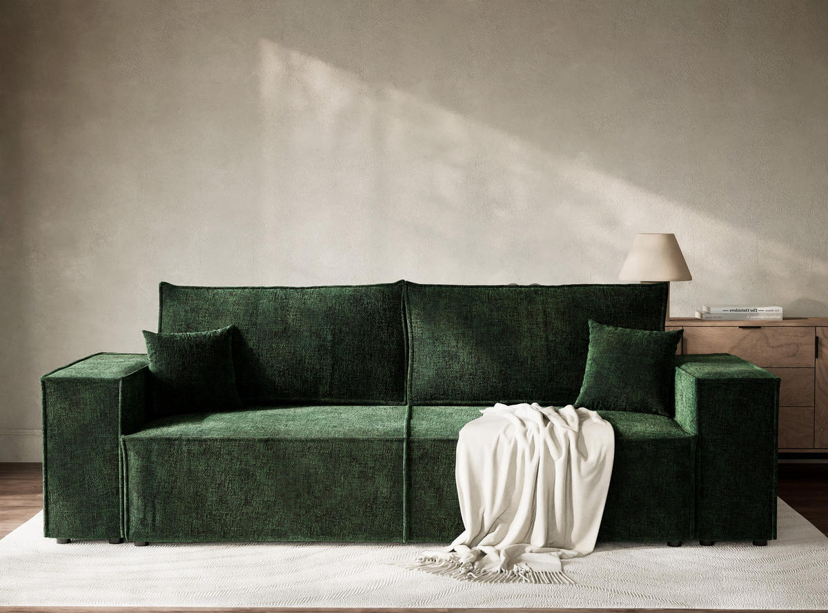 SOFA MIT SCHLAFFUNKTION Milos Dunkelgrün Chenille-Stoff - Dunkelgrün/Schwarz, Holz/Holzwerkstoff (255/70/105cm) - Maison de Reve