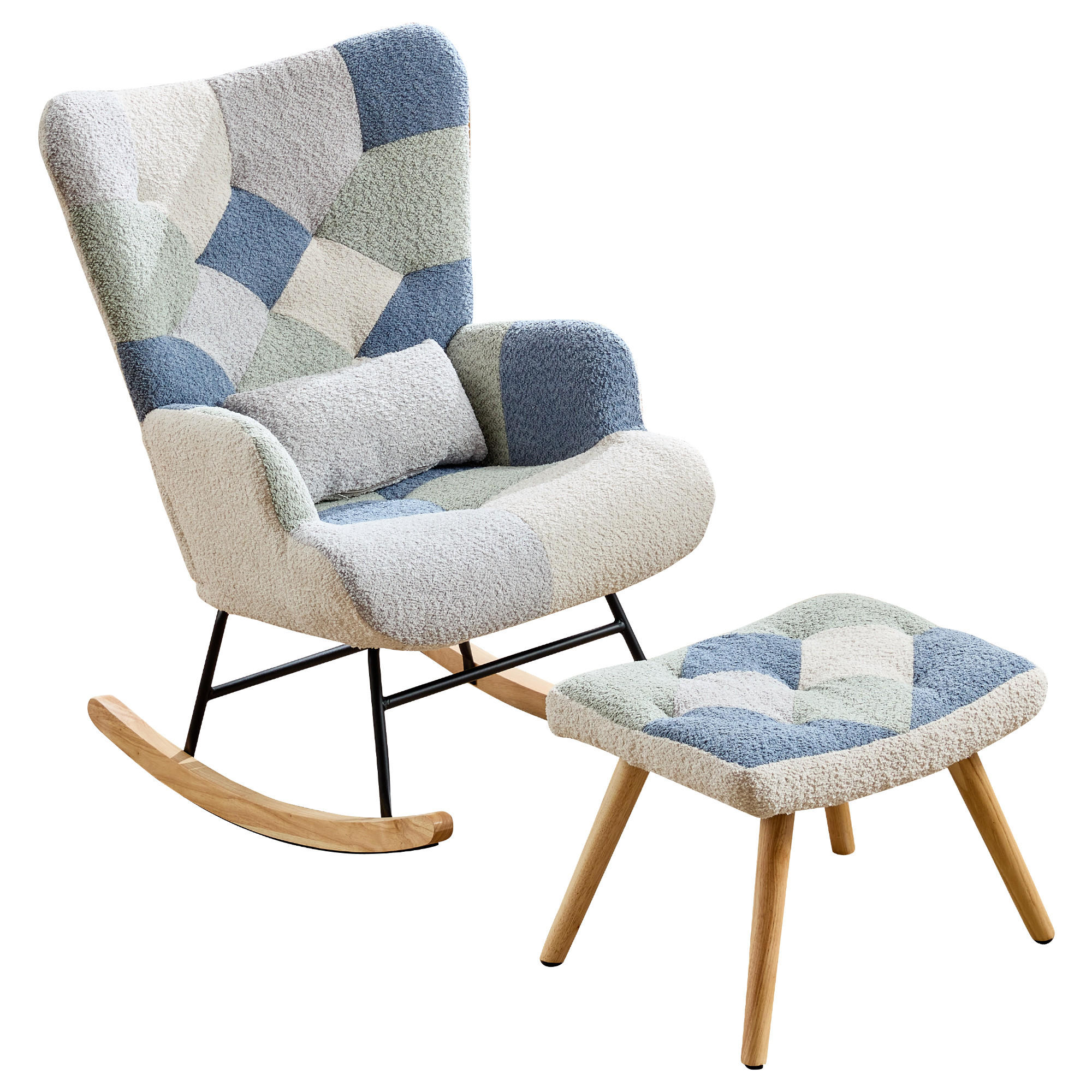 SCHAUKELSTUHL 84/68/91 cm Beige-Blau mit Fußhocker - Multicolor, Textil (68/91/122cm) - Oxeza