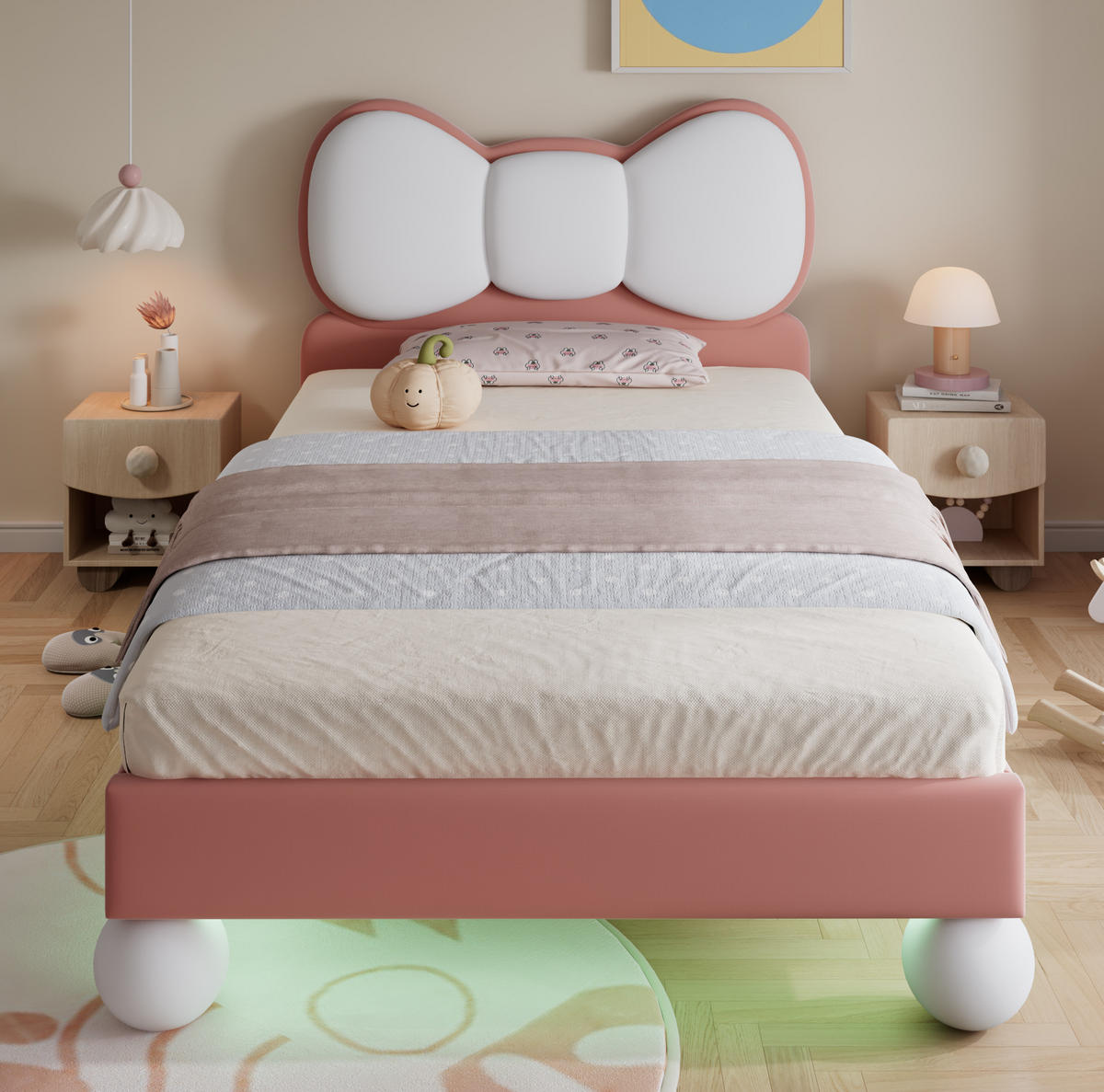 KINDER-POLSTERBETT aus Samt 90x200 cm Beige/Rosa mit LED-Lichtleiste - Rosa, Textil (90/200cm) - IVMEU