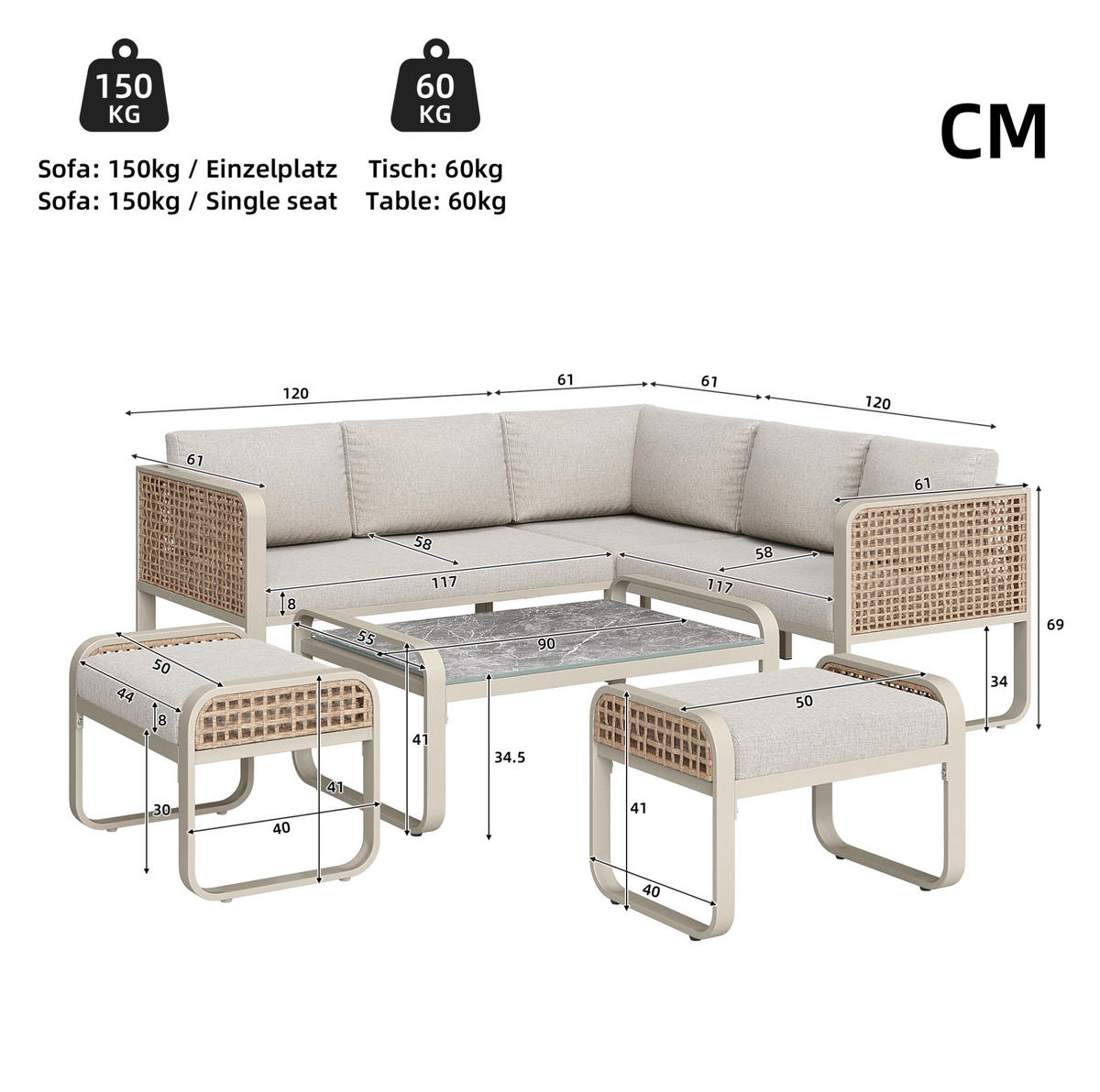 LOUNGEGARNITUR 120/61/69 cm beige aus Metall und Rattan mit Kissen - Beige, Metall - OKWISH
