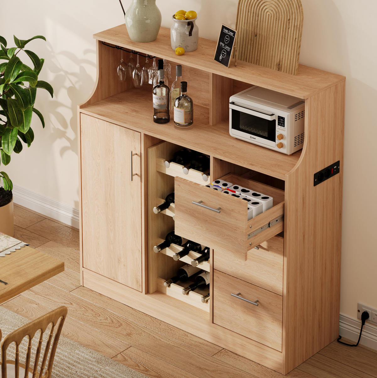 SIDEBOARD 120/40/121 cm in Natur/Weiß mit LED-Beleuchtung und Weinregal - Weiß, Holzwerkstoff (120/121/40cm) - Flora Grace