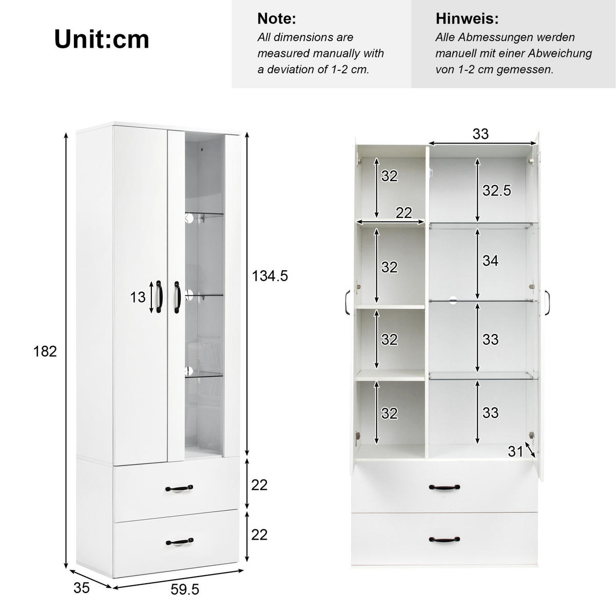 HIGHBOARD mit LED-Beleuchtung 59,5/35/182 cm mit 2 Türen und 2 Schubladen - Weiß, Holzwerkstoff (59.5/182/35cm) - BEAOK