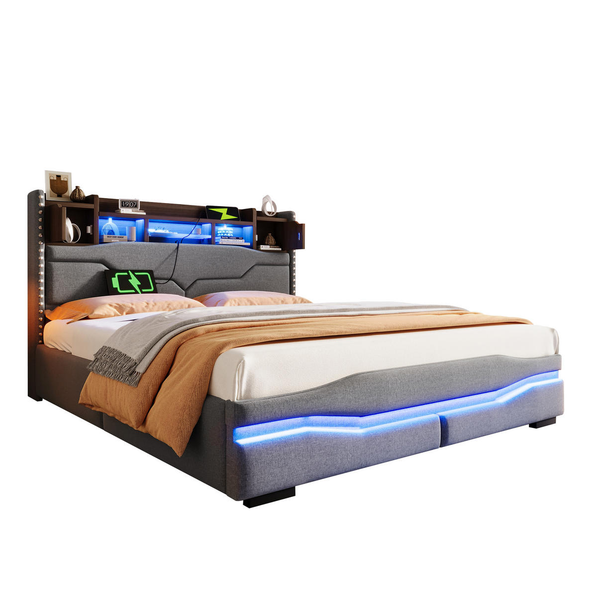 POLSTERBETT 160x200cm Grau USB-C LED-Licht Kopfteil Hydraulik - Grau, Holz (160/200cm) - FLIEKS