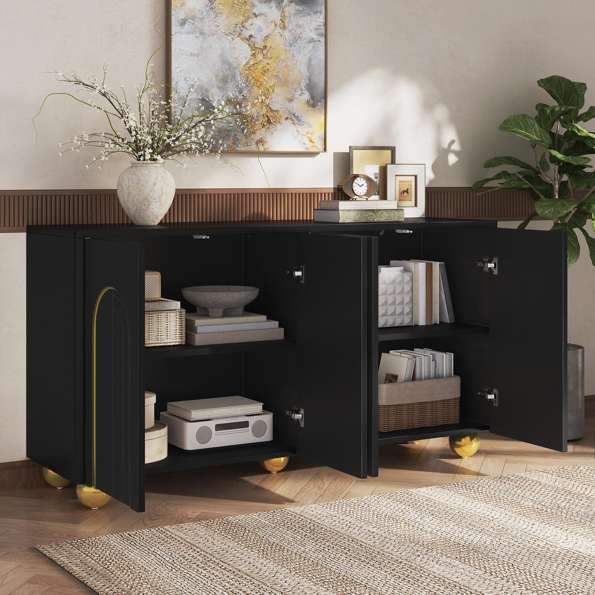 SIDEBOARD 4 Türen Goldlinien Design Kugelfüße Modern Schrank - Schwarz, Holzwerkstoff (140/74/40cm) - FLIEKS