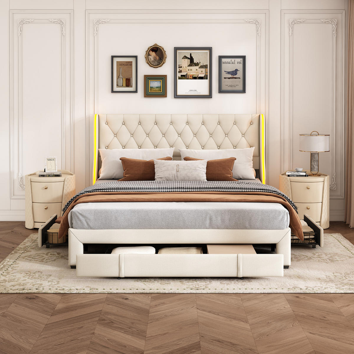 POLSTERBETT 160x200 cm LED Kopfteil 3 Schubladen Lattenrost Samt beige - Beige, Holz (160/200cm) - LEBENLANG