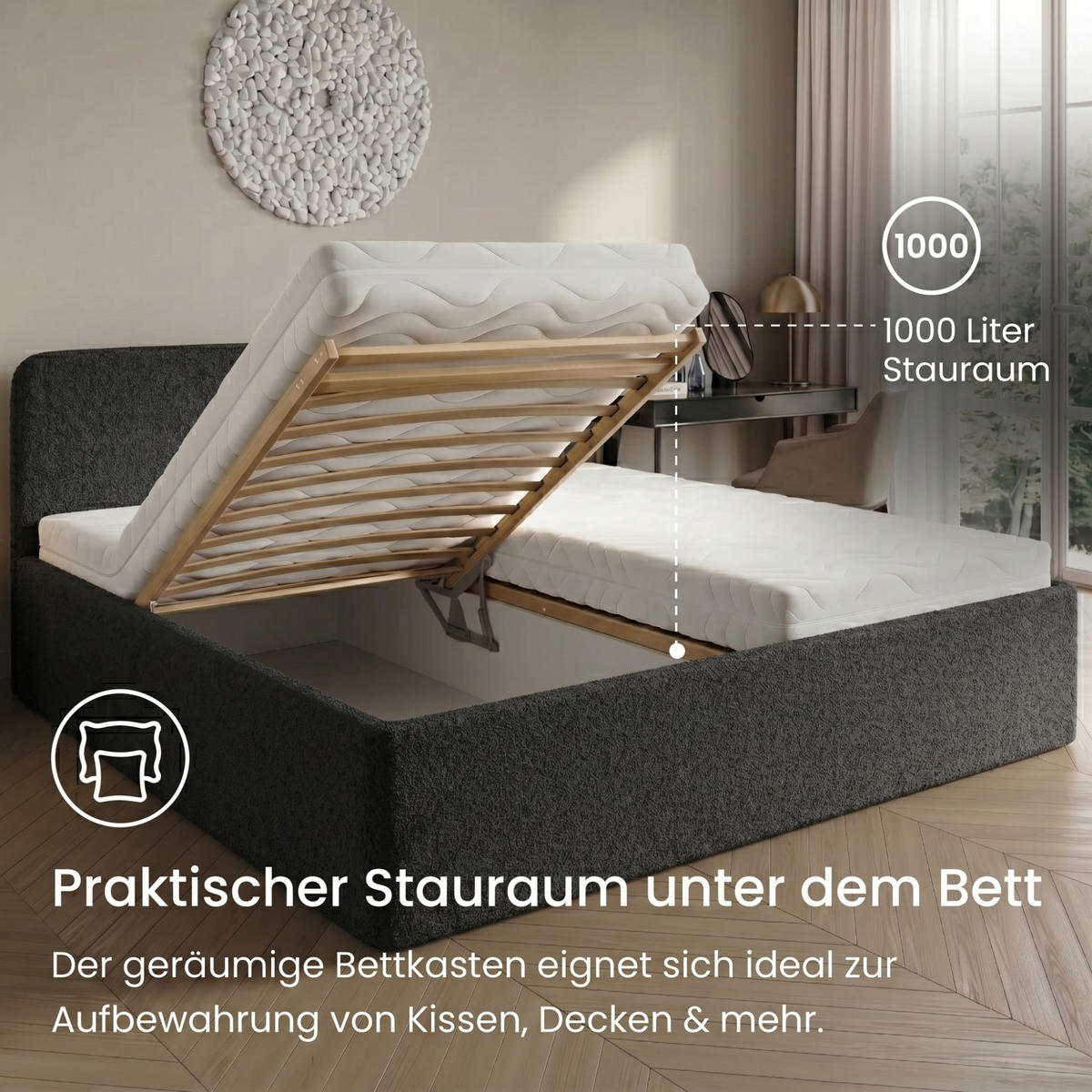 POLSTERBETT 200x200 cm Bonnell-Matratze H2 Bouclé Schwarz - Schwarz, Textil (200/200cm) - Home Collective
