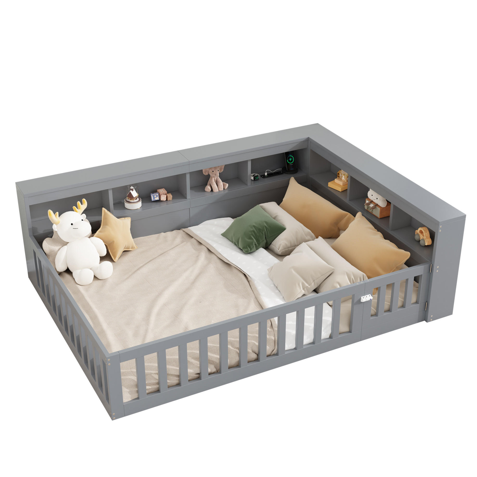 KINDERBETT aus Spanplatte 140x190 cm in Grau mit USB & Steckdose - Grau, Holzwerkstoff (140/190cm) - Modfu