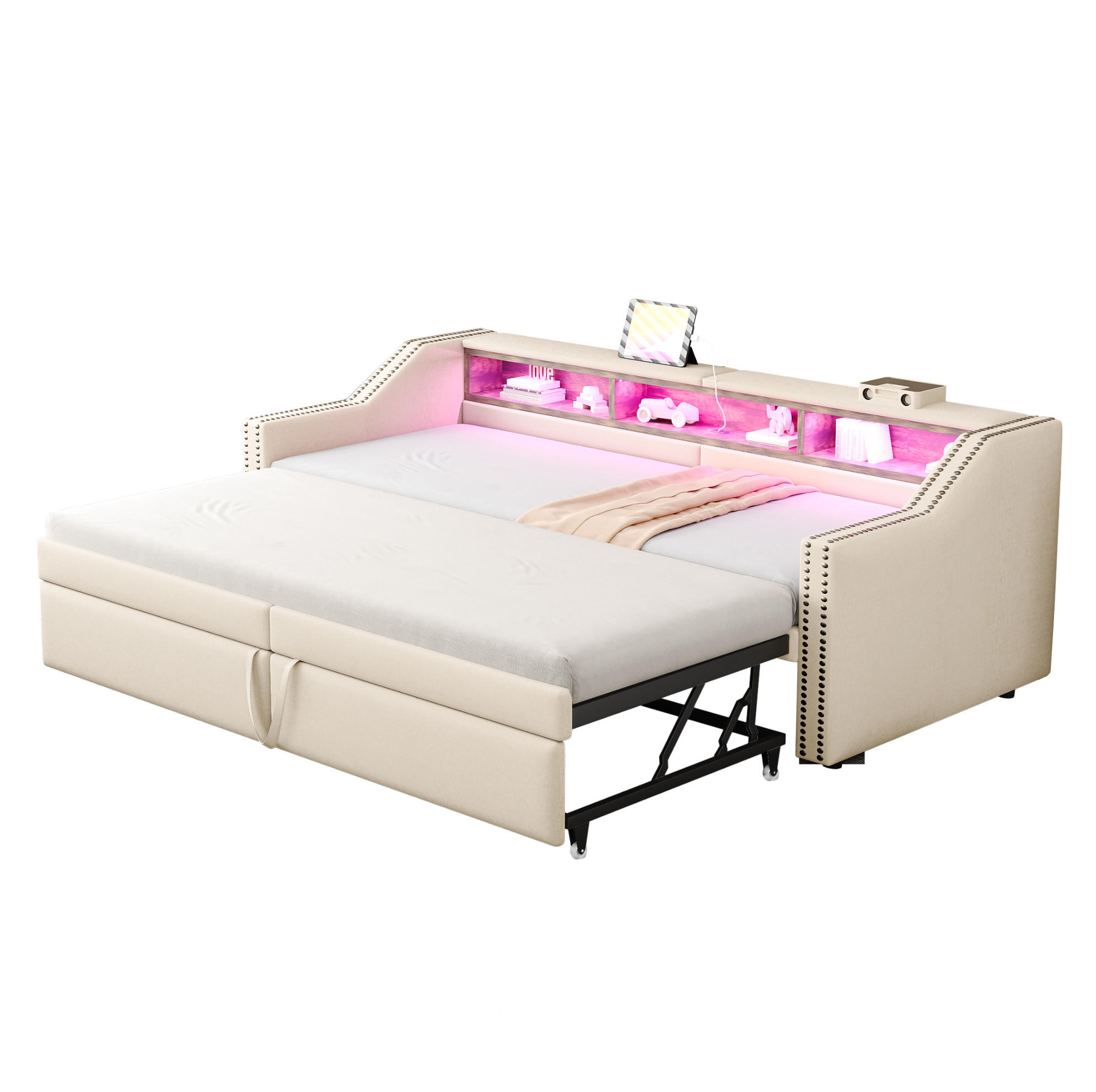 Redom ČALOUNĚNÁ postel 90/180 x 200 cm s výsuvným lůžkem, LED osvětlením, USB portem a úložnými přihrádkami, Béžová
