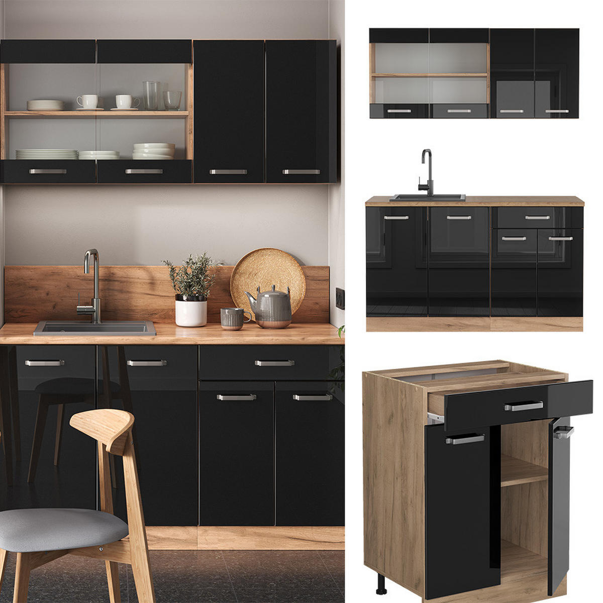 SINGLEKÜCHE R-Line Schwarz Hochglanz/Goldkraft Eiche 140 cm ohne AP - Honigeiche/Schwarz Hochglanz, Holzwerkstoff (140/81.6/46cm) - Vicco