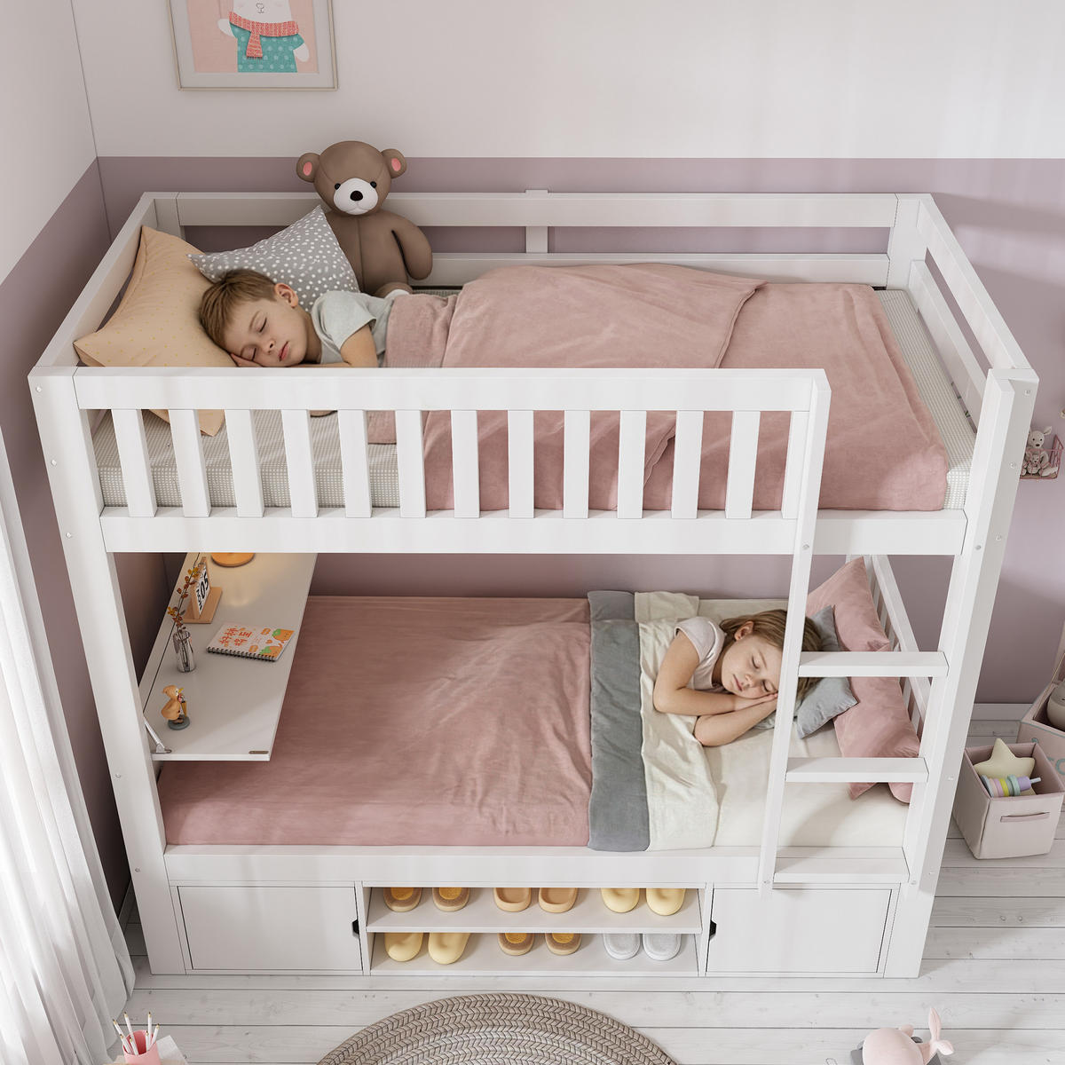 ETAGENBETT 90/200 mit klappbarer Tischplatte, Schuhregal und Stauraum in Weiß - Weiß, Holzwerkstoff (90/200cm) - EVRYAE