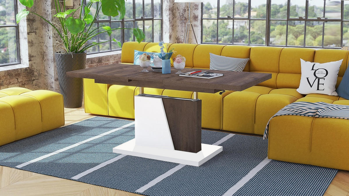 COUCHTISCH rechteckig Eiche dunkel - Weiß ausziehbar höhenverstellbar - Eichefarben/Weiß, Holzwerkstoff (70/120/60cm) - designimpex