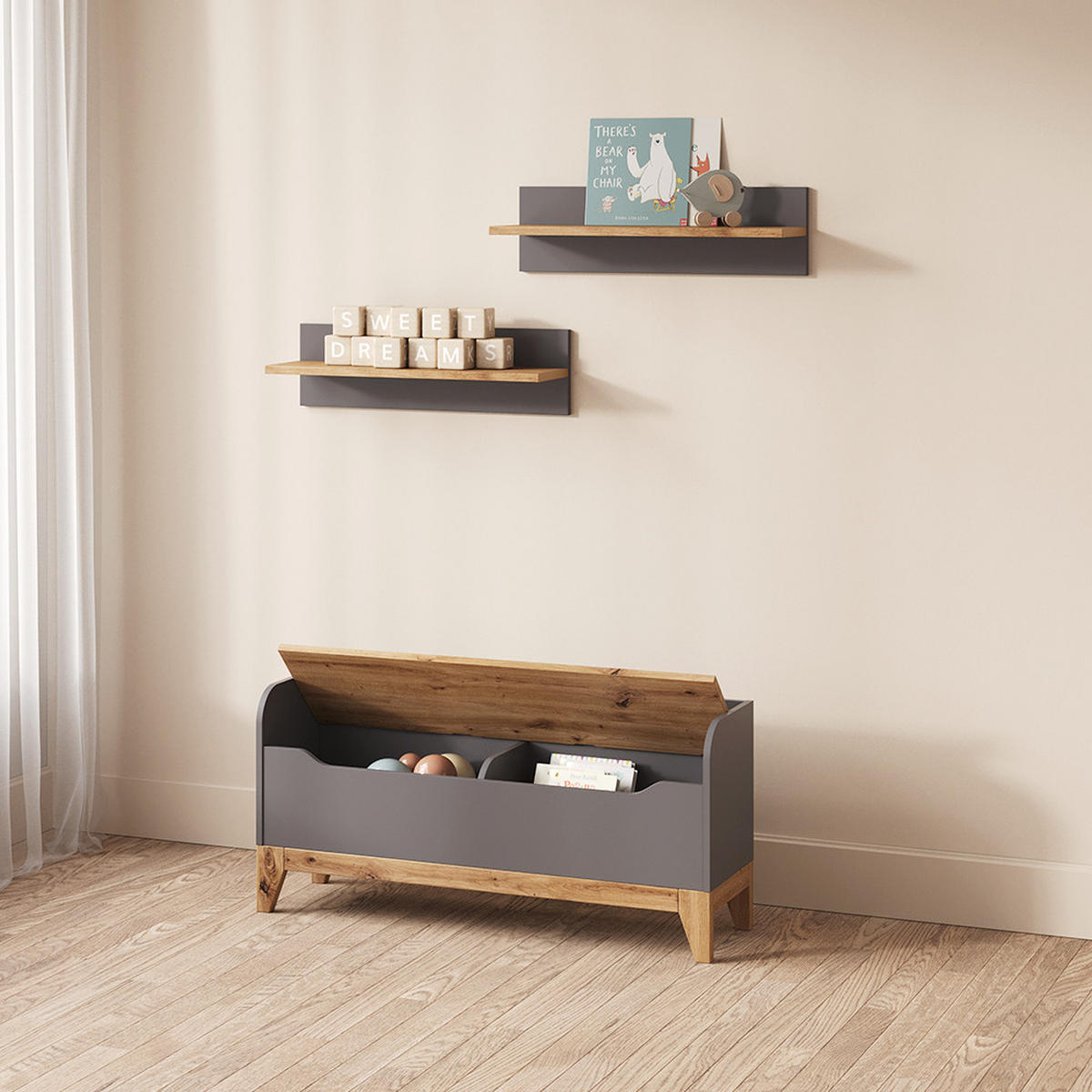 SPIELZEUGTRUHE Malia Grau/Artisan 107.2 x 50 cm mit Sitzbank - Eiche Artisan/Grau, Holzwerkstoff (107.2/30cm) - Livinity®