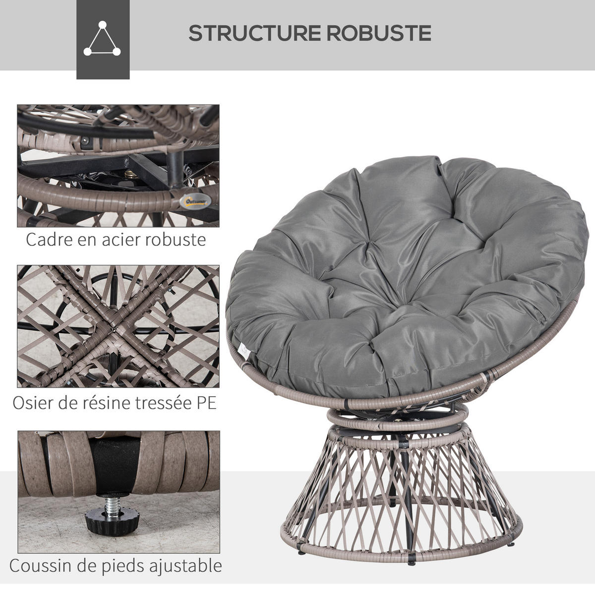 GARTEN-RELAXSESSEL DE-13563 360° drehbar, geflochtene Resine Grau - Grau, Metall (97/86/87cm) - ComfortXL