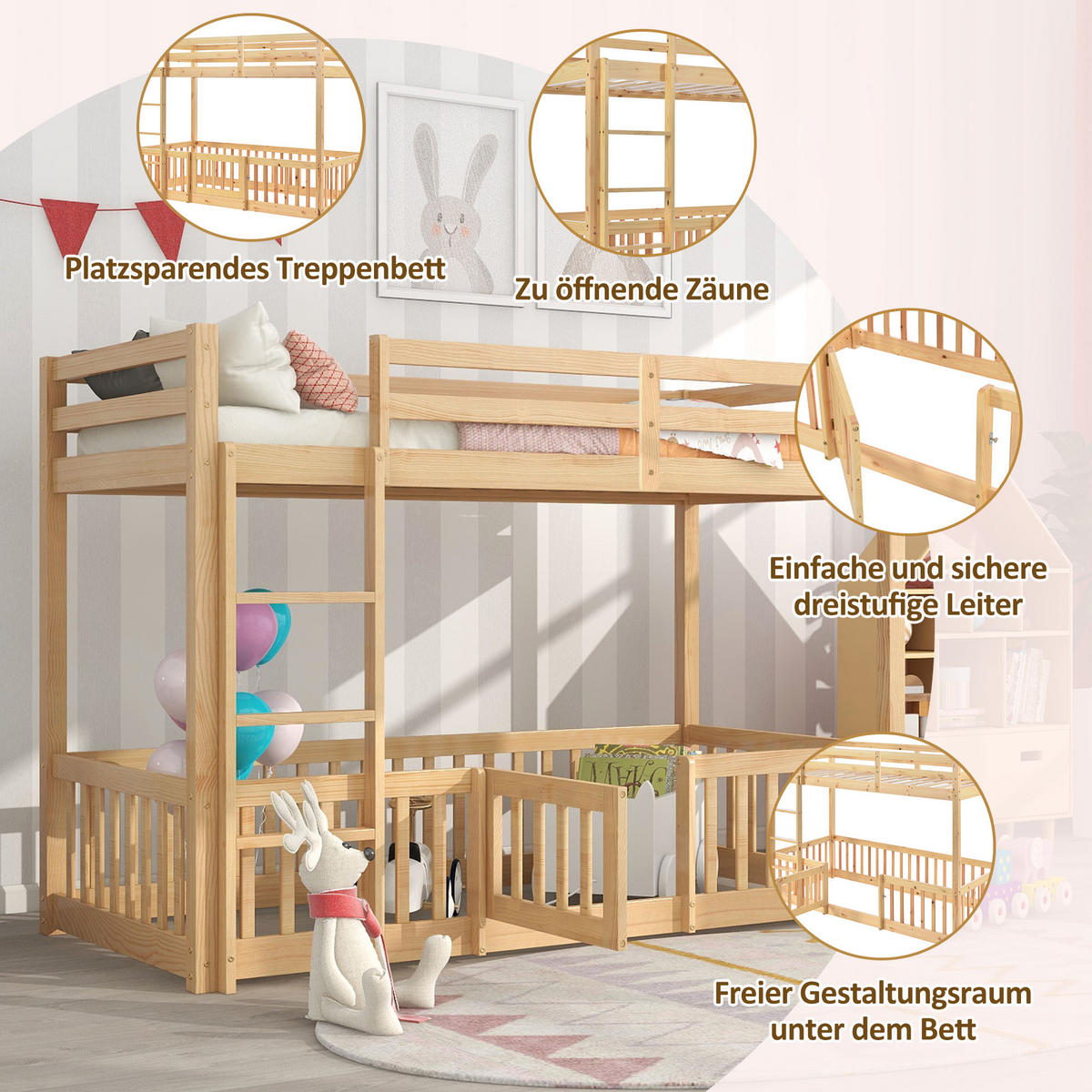 ETAGENBETT 90x200 cm, mit Schutzgeländer & rechtwinkliger Treppe, Massivholz, Natur - Naturfarben, Holz (90/200cm)