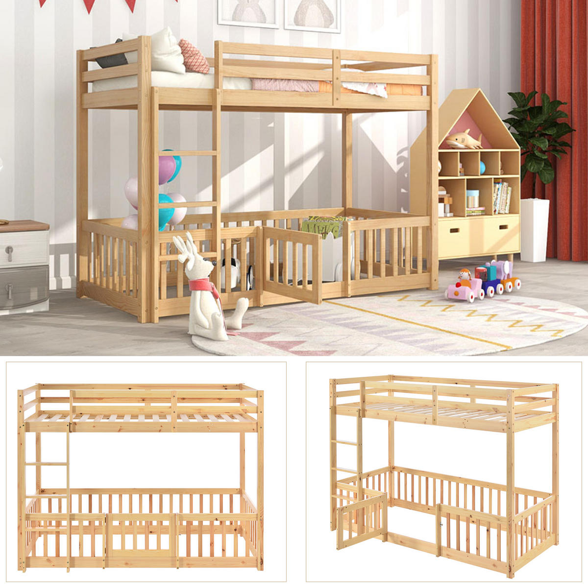 ETAGENBETT 90x200 cm, mit Schutzgeländer & rechtwinkliger Treppe, Massivholz, Natur - Naturfarben, Holz (90/200cm)
