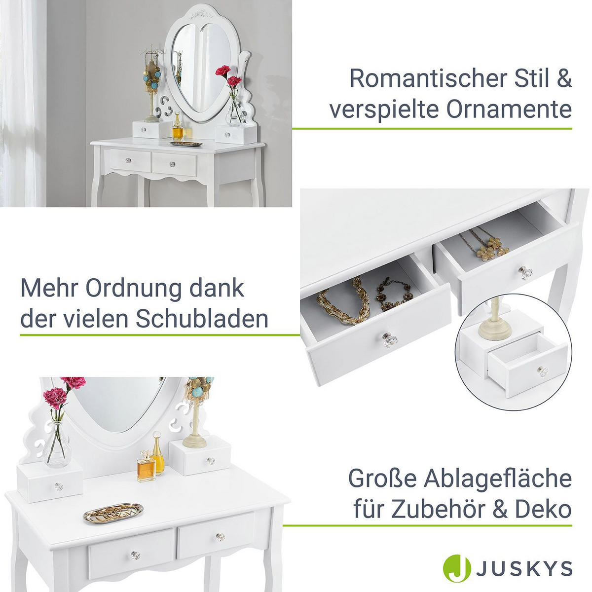 SCHMINKTISCH Julia weiß mit Herzspiegel und Hocker - Weiß, Holzwerkstoff (74/138/40cm) - Juskys