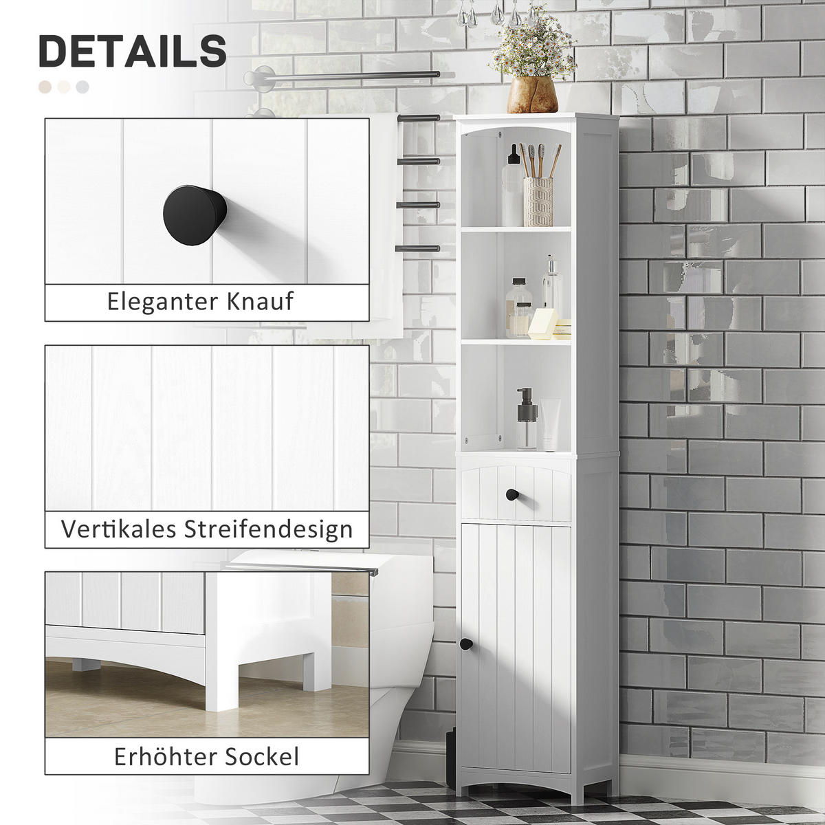 HOCHSCHRANK mit 3 Regalen, 1 Schublade, Weiß, 34x24x170,5cm - Weiß, Holz (34/170.5/24cm) - HOMCOM