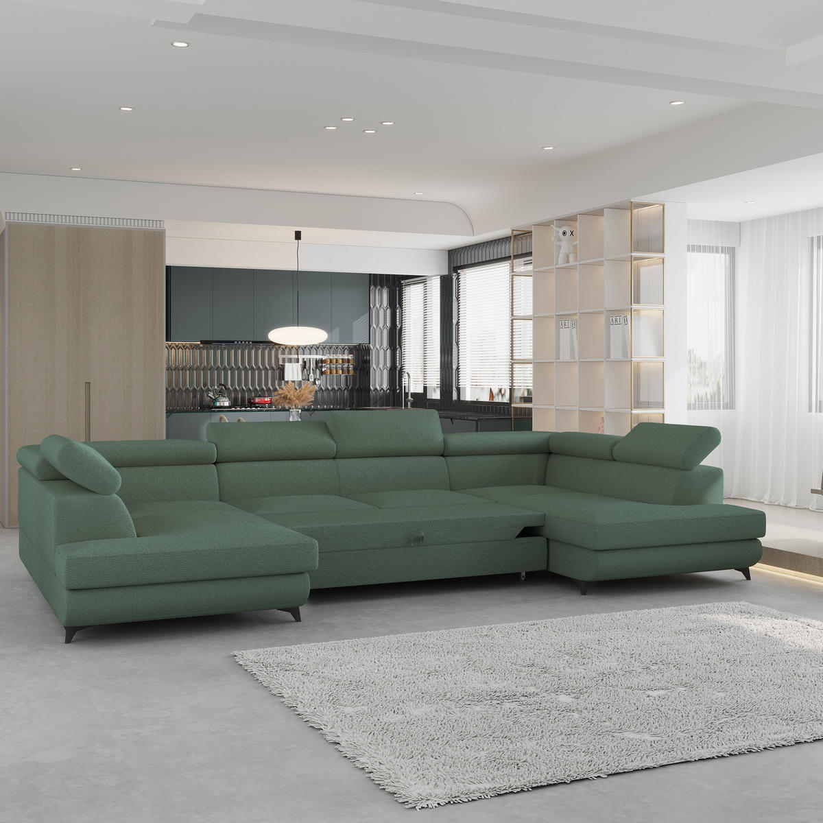 WOHNLANDSCHAFT VINTESSA Grün Boucle-Stoff mit Schlaffunktion - Grün, Holz (323/89/190cm) - MASSENO