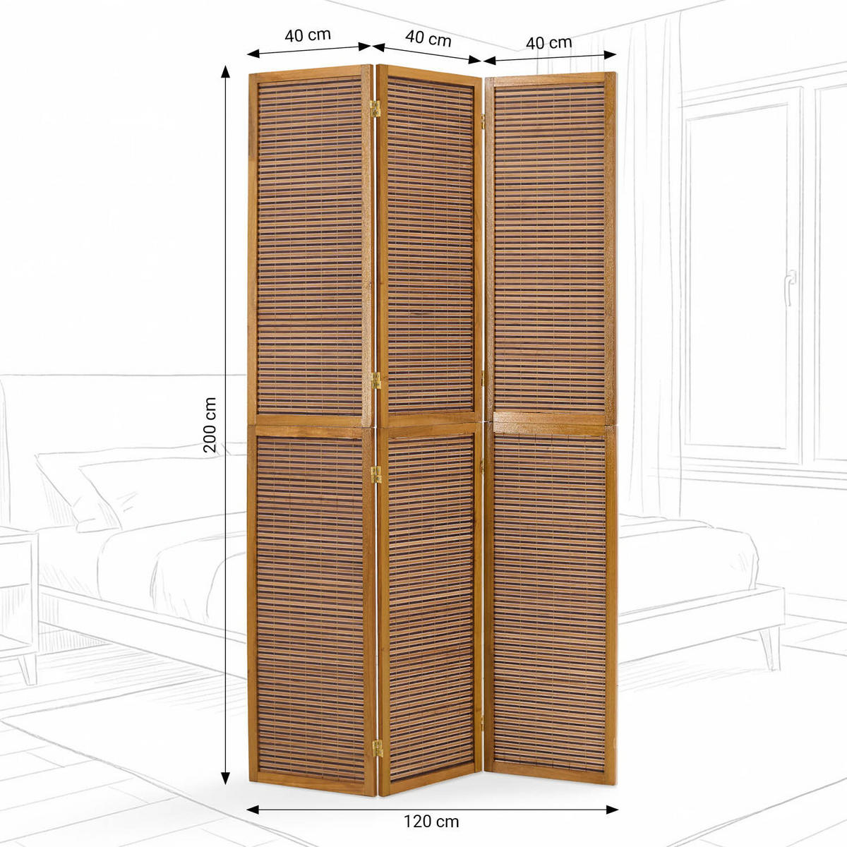 PARAVENT 3-tlg. 120/200 cm Braun Bambusstreben - Braun, Holz (120/200/2cm) - Homestyle4u