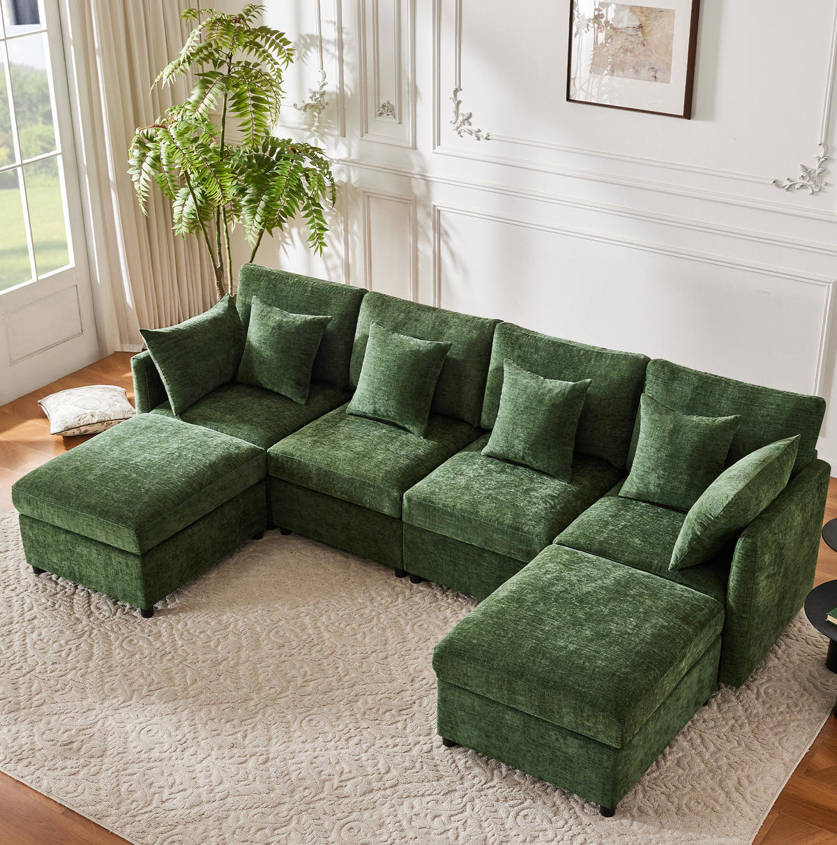 WOHNLANDSCHAFT aus Chenille 278x161x81 cm in Olivgrün mit 2 Hockern & 6 Kissen - Grün, Textil (161/81/278cm) - Modfu