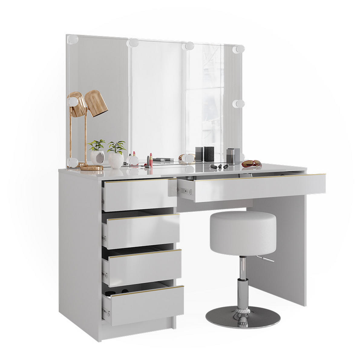 SCHMINKTISCH Sherry Weiß/Gold 120 cm mit LED Beleuchtung und Hocker - Goldfarben/Weiß, Holzwerkstoff (120/75/55cm) - Vicco