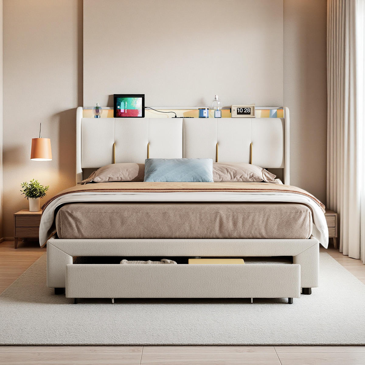POLSTERBETT 140x200 cm mit Stauraum, LED, USB, Schubladen, Beige - Beige, Metall (140/200cm)