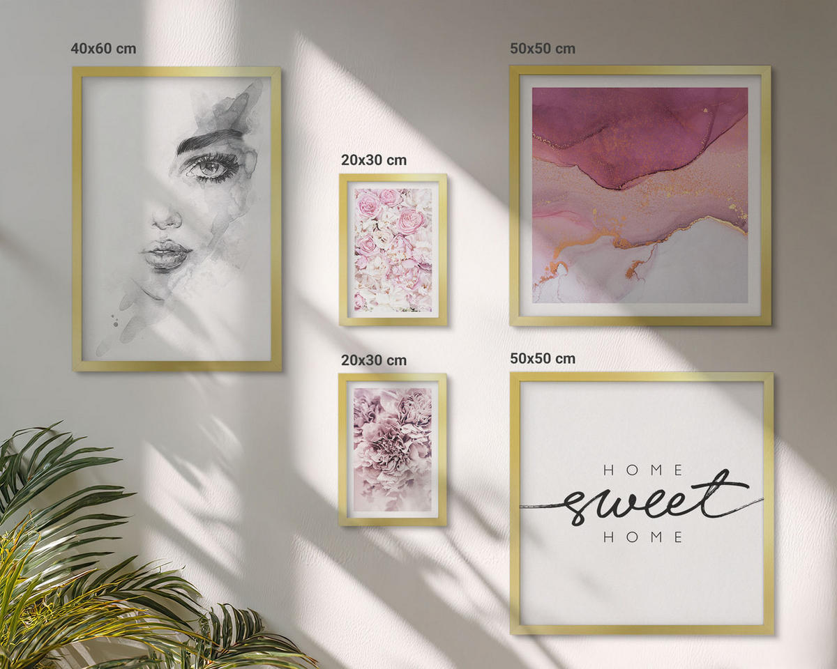BILDER SET 5er Set - 50x50 cm & 20x30 cm & 40x60 cm Goldrahmen - Zarte Boho-Blätterschrift - Goldfarben, Kunststoff (40/60cm) - TULUP