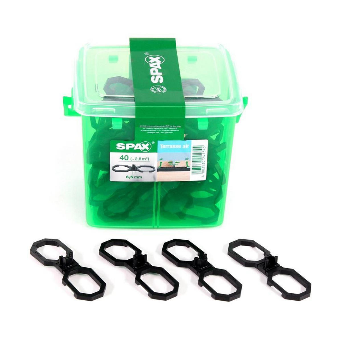 SPAX Terasse Air Abstandshalter 6,5 mm Belüftung für Holzdielen Terasse 40 Stück in Henkelbox ( 5009422564009 ) - Multicolor, Holz (28/11.5/16cm) - SPAX