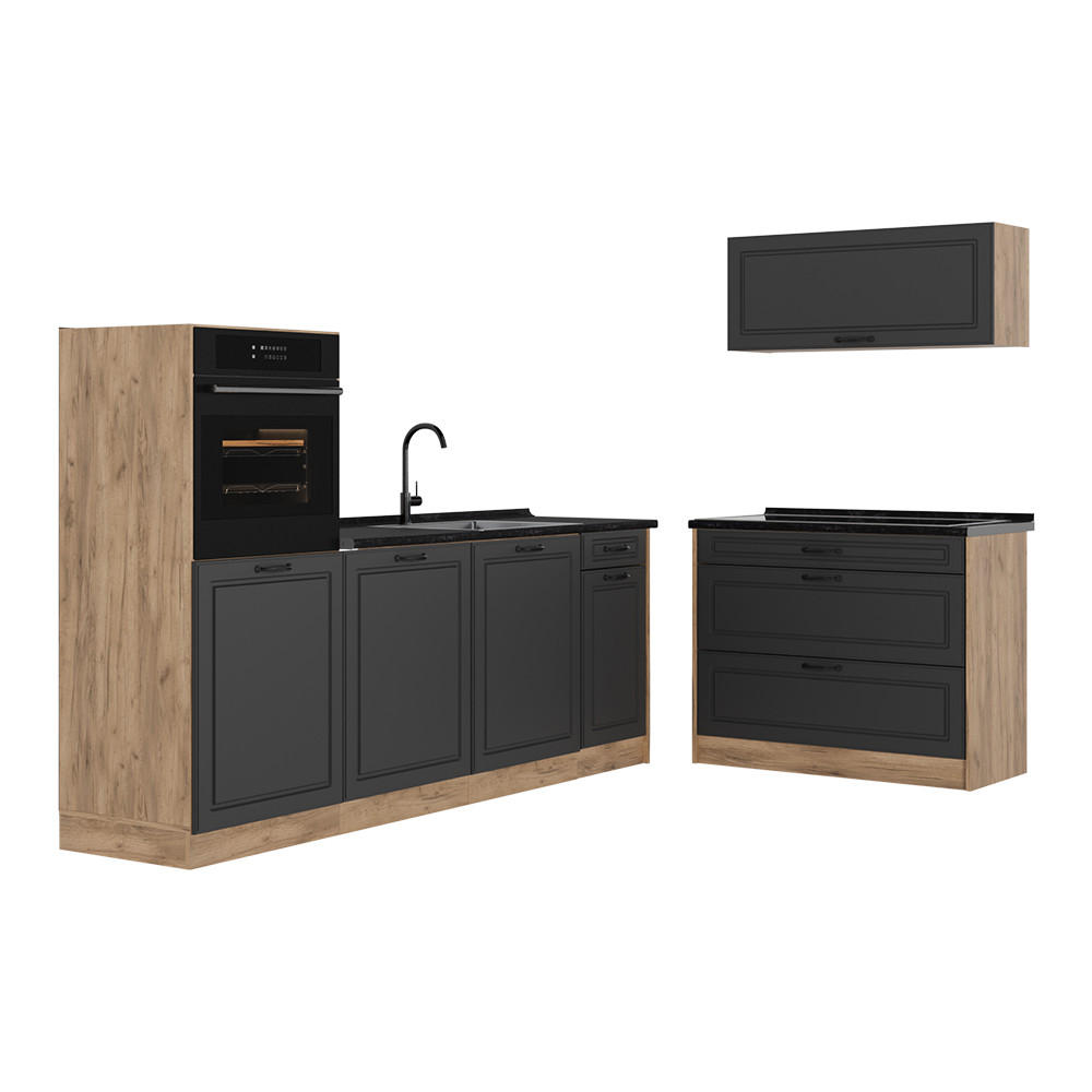 KÜCHENZEILE R-Line, Anthrazit Landhaus/Goldkraft Eiche, 220 cm ohne Arbeitsplatte - Eichefarben/Anthrazit, Holzwerkstoff (220/143/46cm) - Vicco