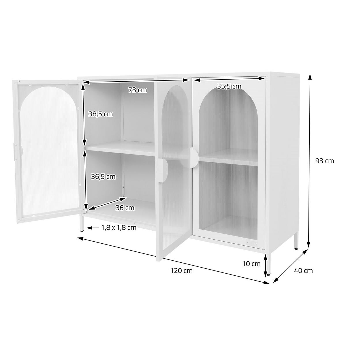 VITRINENSCHRANK aus Stahl 120x93x40 cm Weiß mit 3 Türen - Weiß, Metall (120/93/40cm) - ML-DESIGN