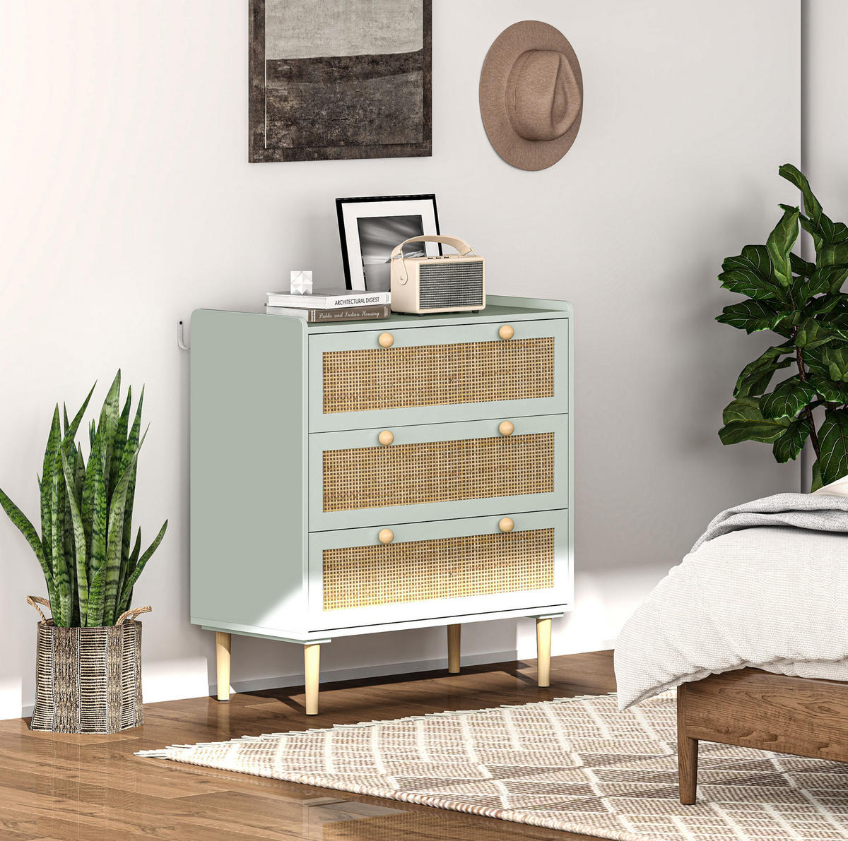 KOMMODE aus Holzwerkstoff 80x40x87,5 cm Hellblau mit 3 Schubladen und Rattanoptik - Hellblau, Holzwerkstoff (80/87.5/40cm) - Modfu
