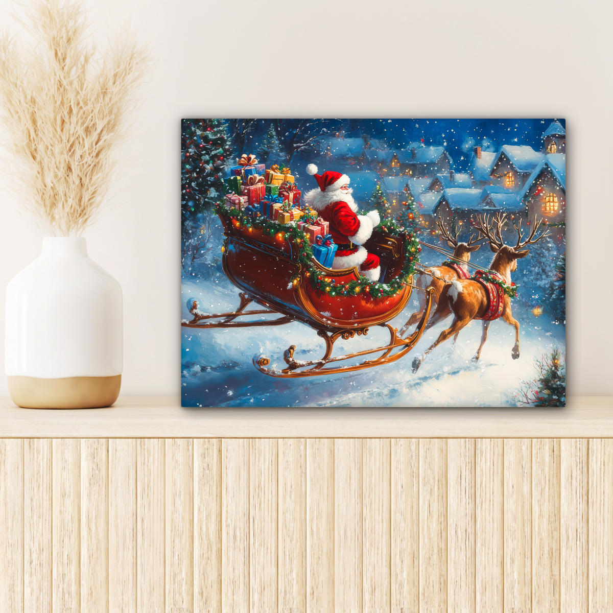 LEINWANDBILD Weihnachtsmann - Rentier - Weihnachten - Schnee 40x30 cm - Cognac, Textil (40/30cm) - MuchoWow