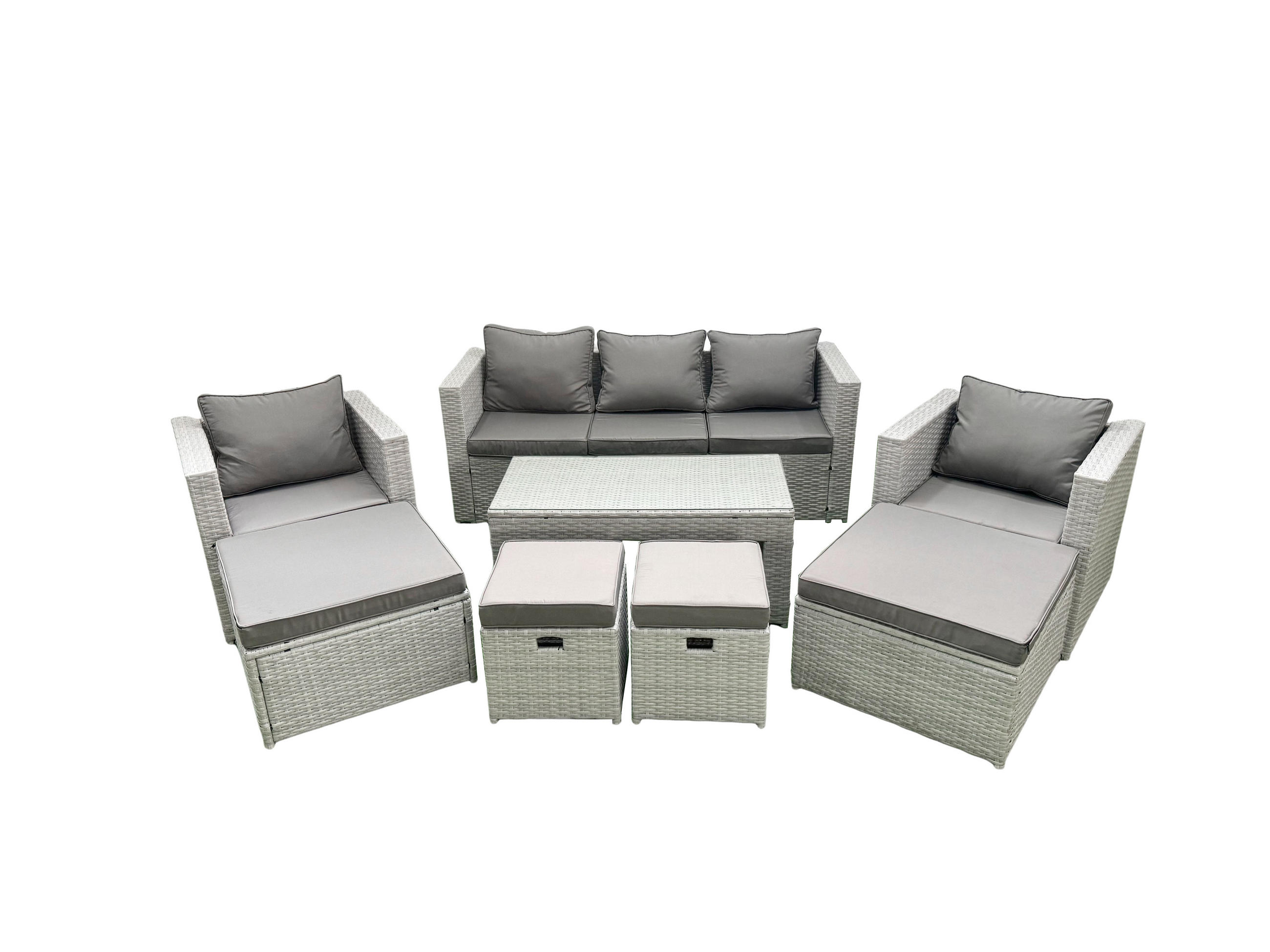 BALKONMÖBEL-SET Polyrattan Hellgrau-Mix 9-teilig - Hellgrau/Grau, Glas/Kunststoff - Fimous