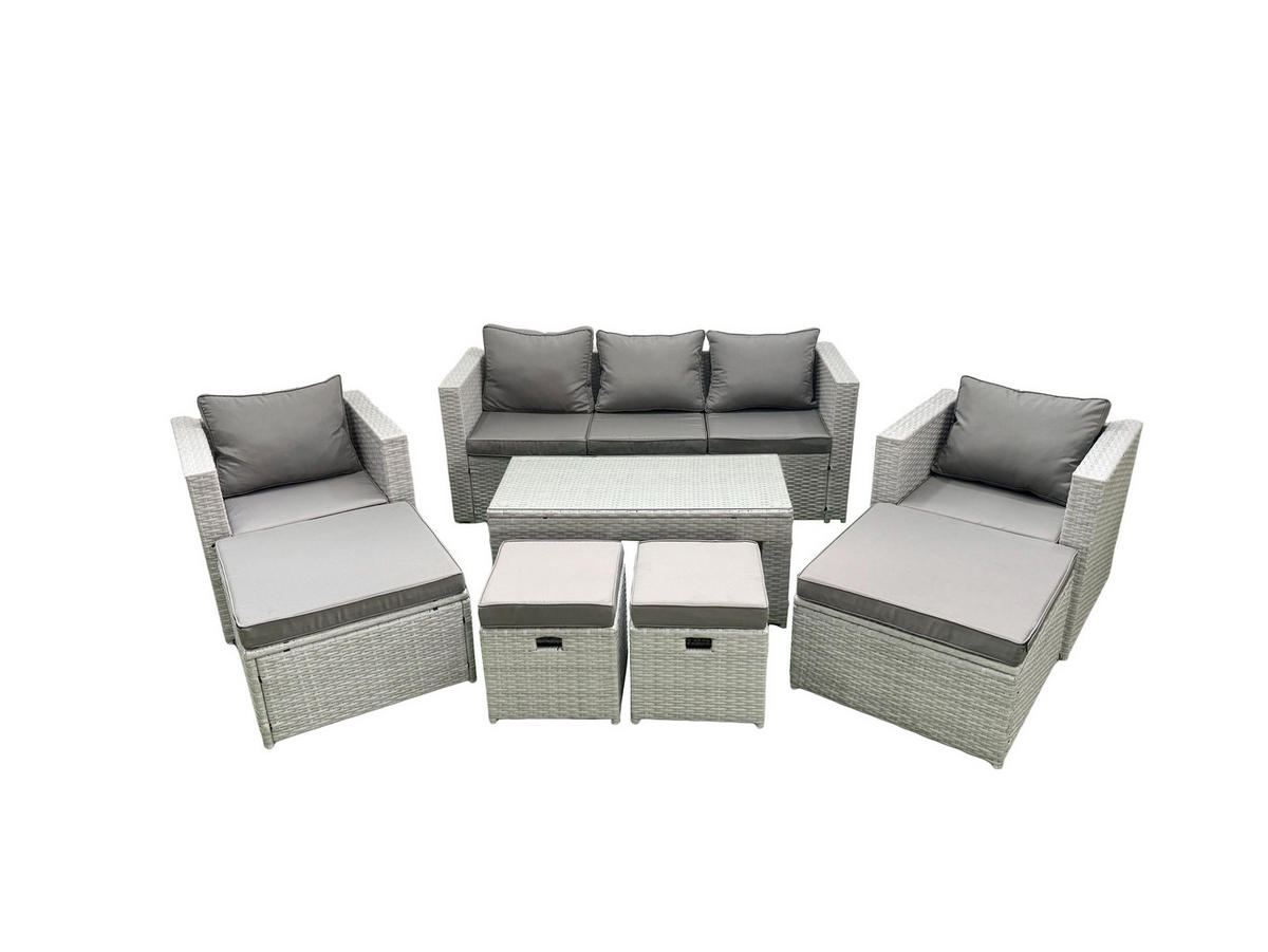 BALKONMÖBEL-SET Polyrattan Hellgrau-Mix 9-teilig - Hellgrau/Grau, Glas/Kunststoff - Fimous