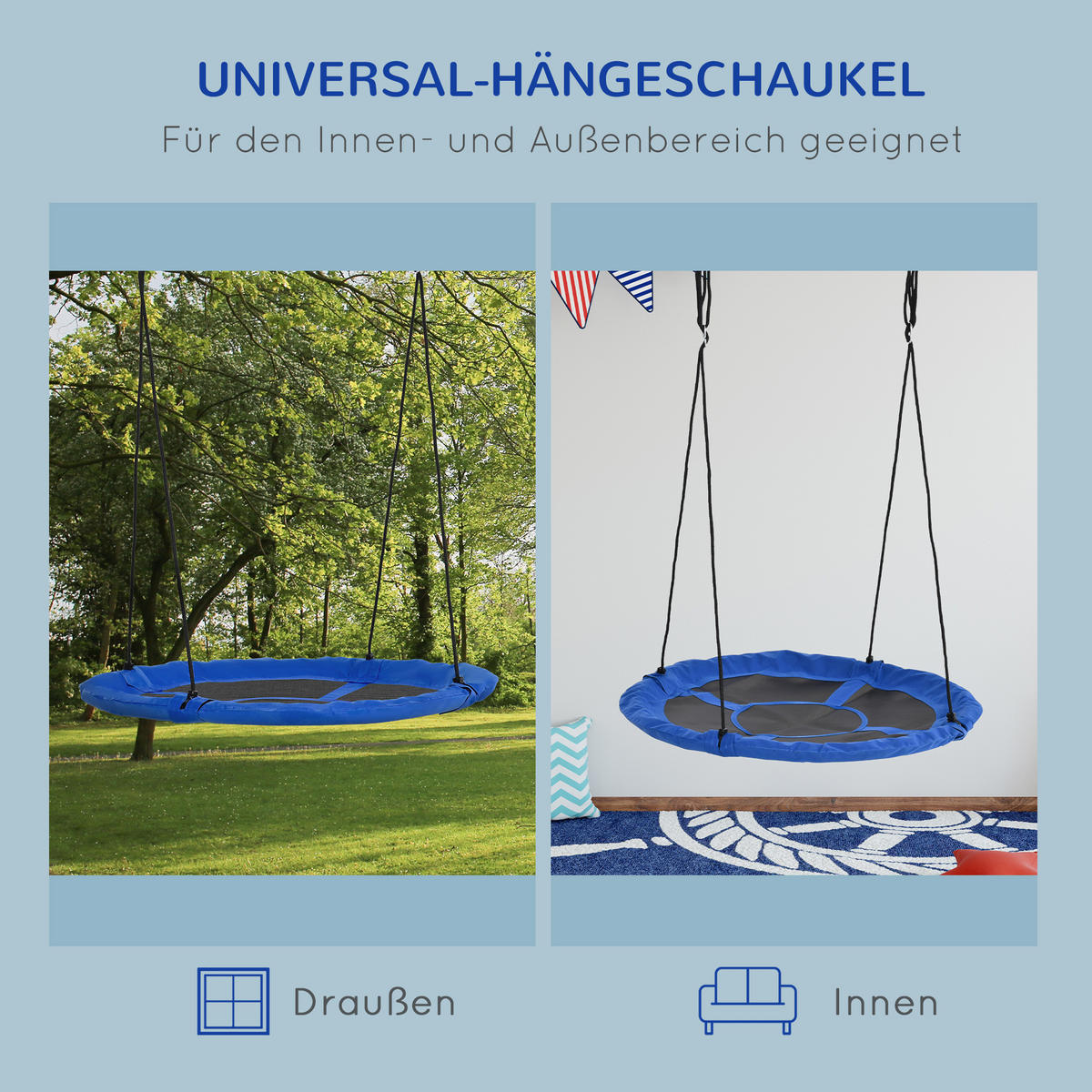 NESTSCHAUKEL Ø110 cm, Hängeschaukel bis 100 kg, verstellbar Kinderschaukel, Blau - Blau/Schwarz, Kunststoff/Metall (110/110cm) - Outsunny
