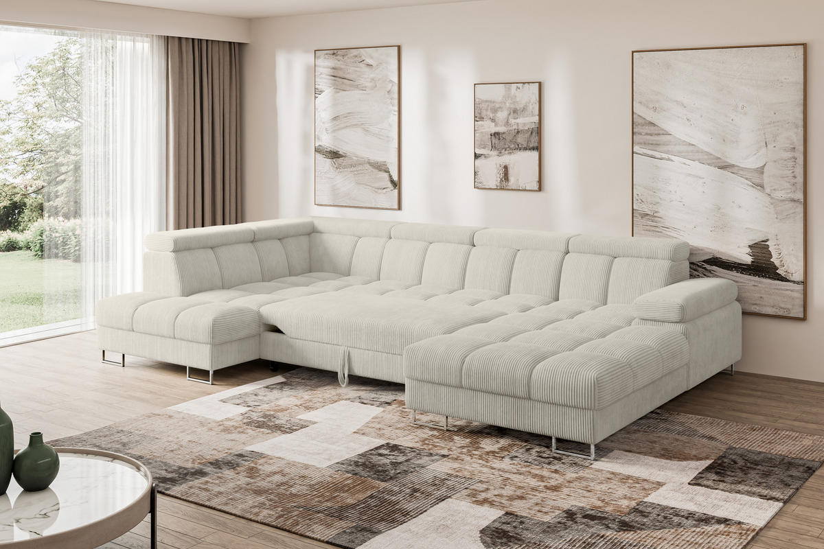 WOHNLANDSCHAFT mit Schlaffunktion und Bettkasten Ottomane Links COMA U 345x203x79 Creme Cord - Mokka, Holzwerkstoff/Textil (345/79/203cm) - ALTDECOR