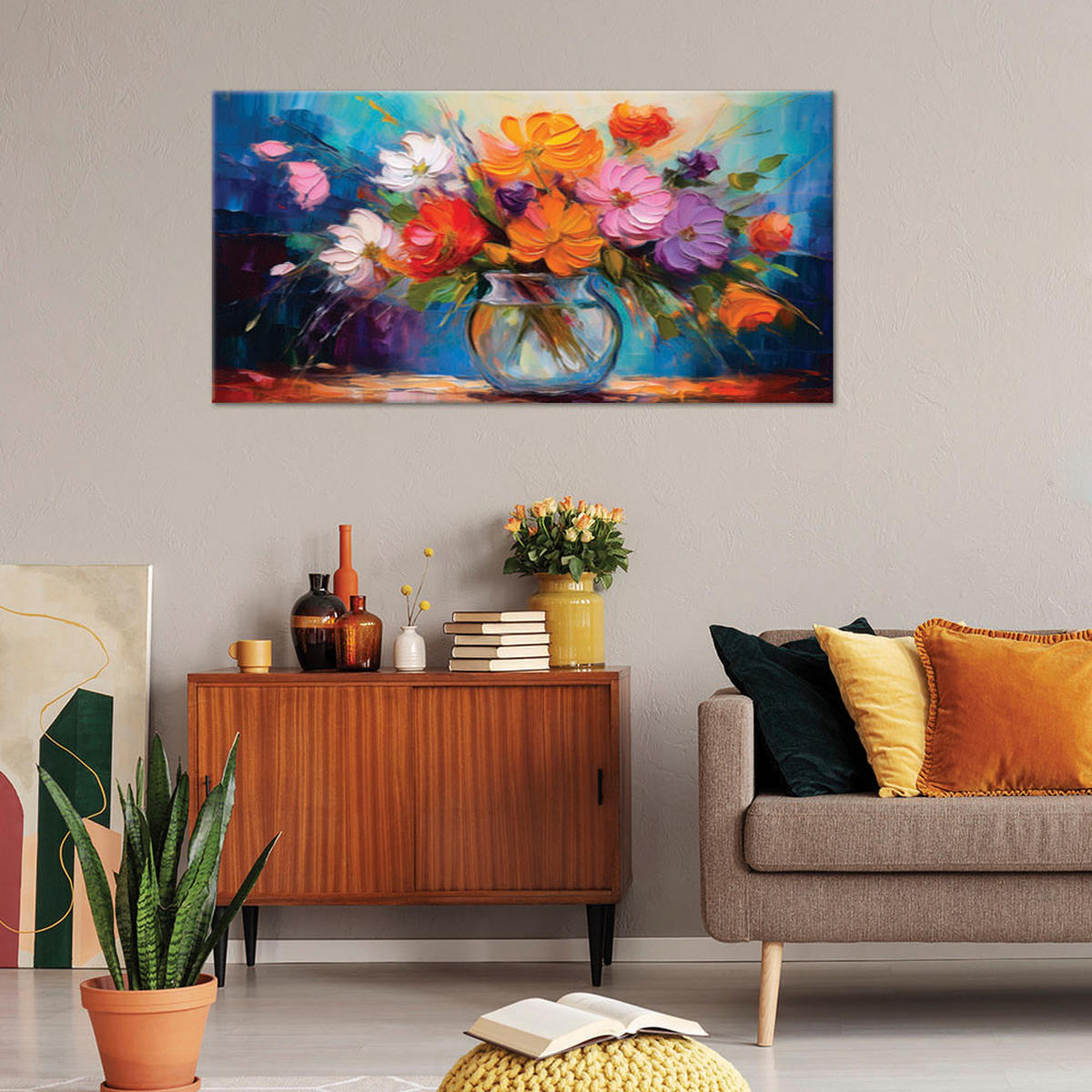 LEINWANDBILD Bemalter Blumenstrauß in einer Vase 80x40cm - Multicolor, Textil (80/40cm) - Feeby