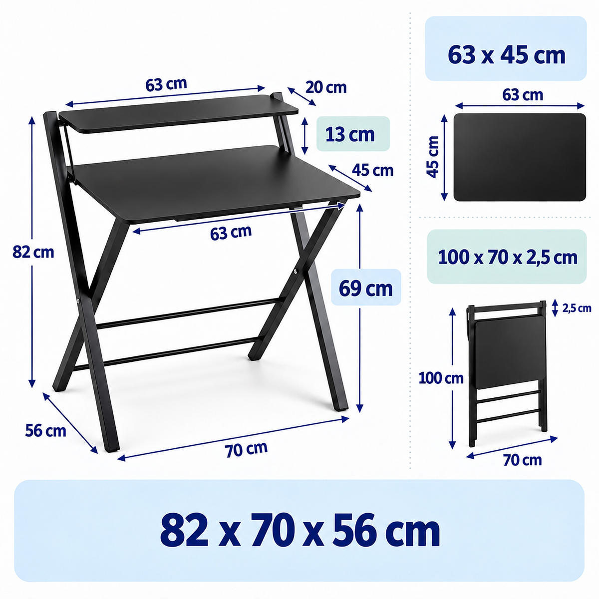BIROU Negru pliabil cu suport monitor - negru, compozit lemnos/metal (56/70/82cm) - Relaxdays