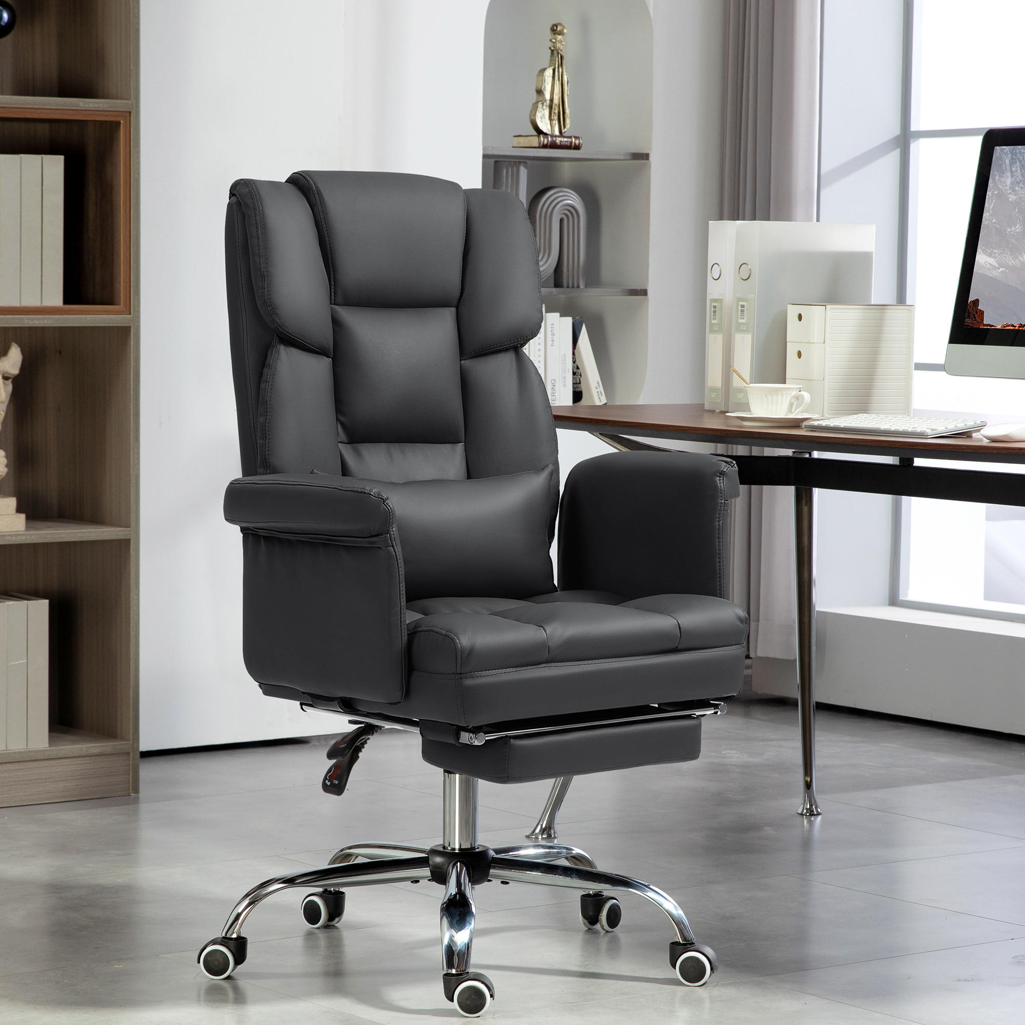BÜROSTUHL, Ergonomisch Schreibtischstuhl mit Liegefunktion, Lendenkissen Schwarz - Chromfarben/Schwarz, Kunststoff/Metall (65/115/69cm) - HOMCOM