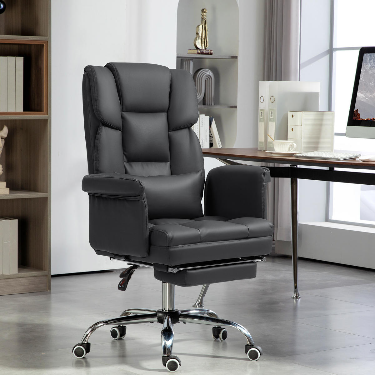 BÜROSTUHL, Ergonomisch Schreibtischstuhl mit Liegefunktion, Lendenkissen Schwarz - Chromfarben/Schwarz, Kunststoff/Metall (65/115/69cm) - HOMCOM