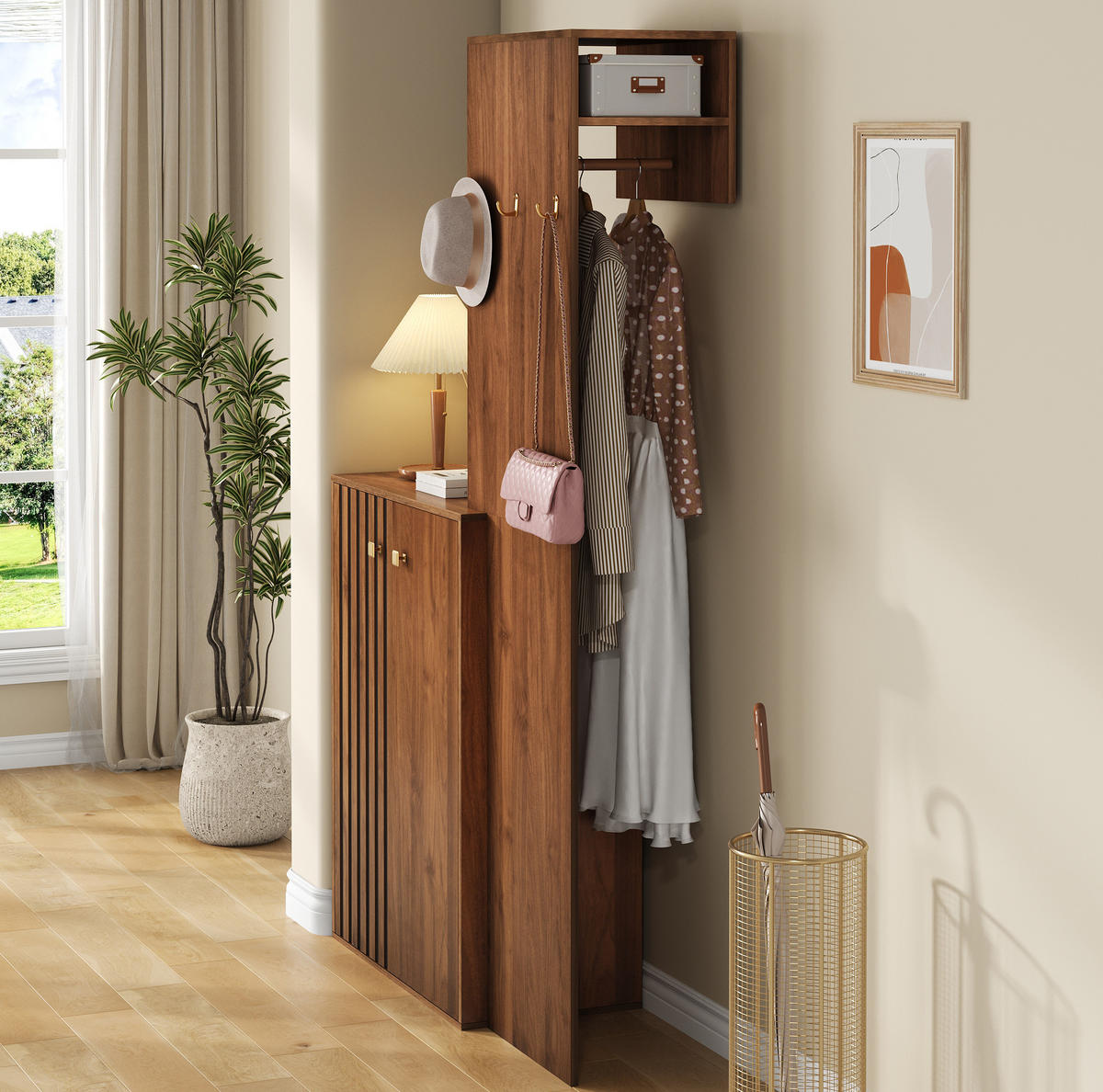 GARDEROBE 115/38,5/191,5 cm Nussbaum aus MDF mit Schuhschrank - Walnussfarben, Holzwerkstoff (115/191.5/38.5cm) - OKWISH