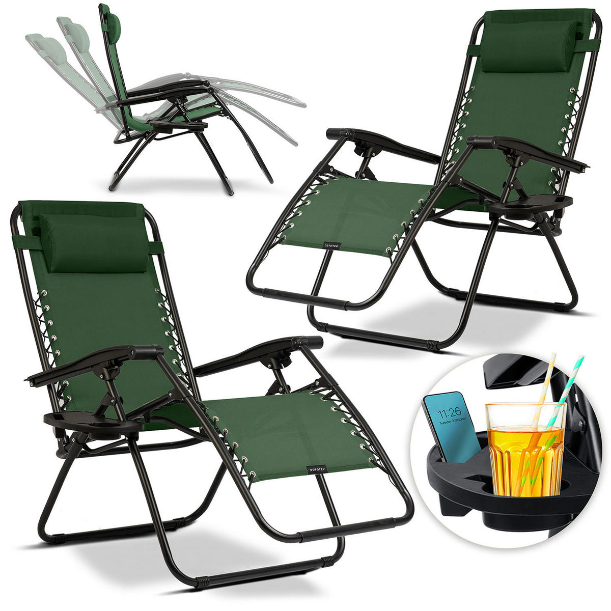 GARTEN-RELAXSESSEL Klappbarer mit Kissen, 2er Set, Grün - Grün, Metall (60/102/110cm)