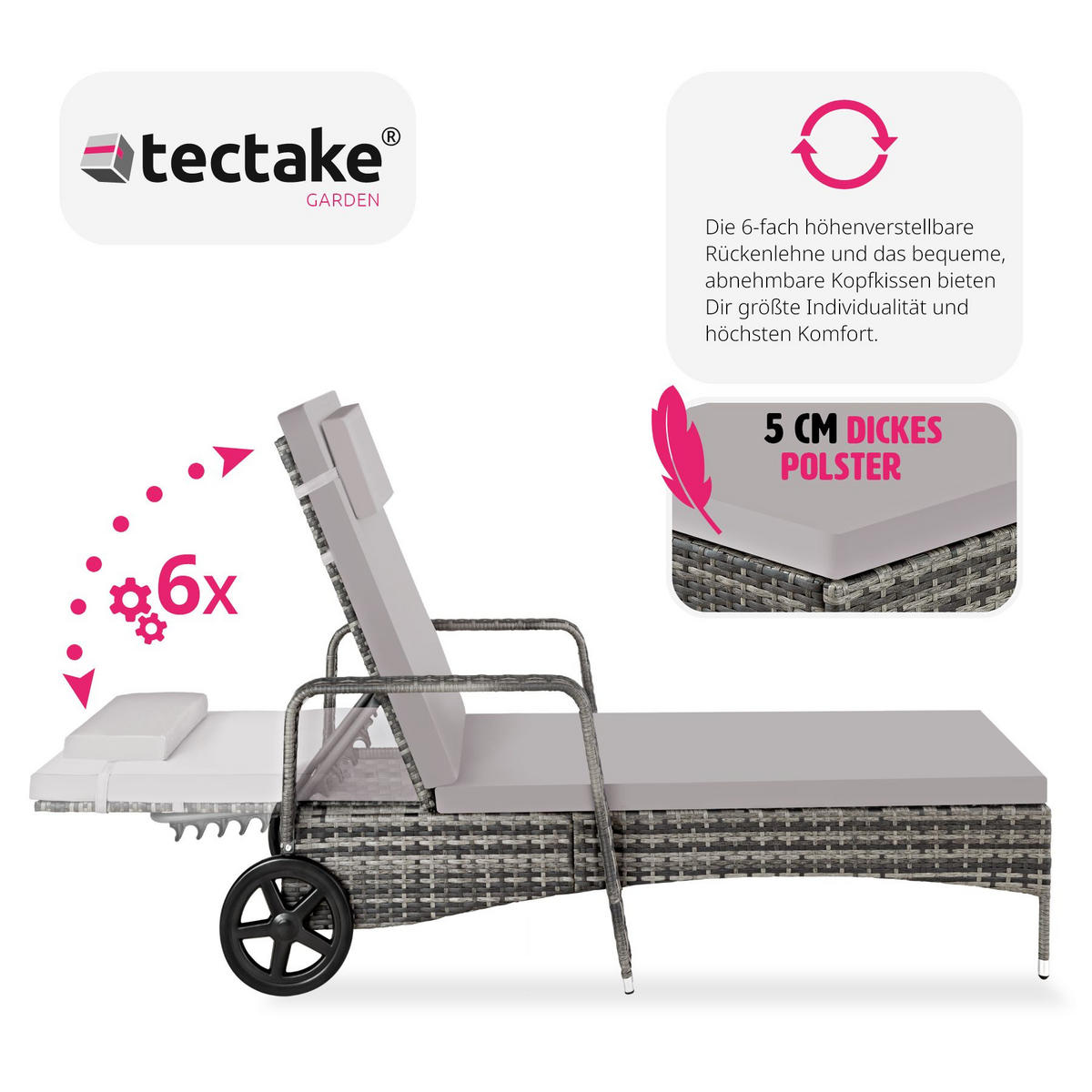 RATTAN-SONNENLIEGE Cassis,196 x 72 x 57 - 94,5 cm,grau - Grau, Kunststoff (72/94.5/196cm) - tectake