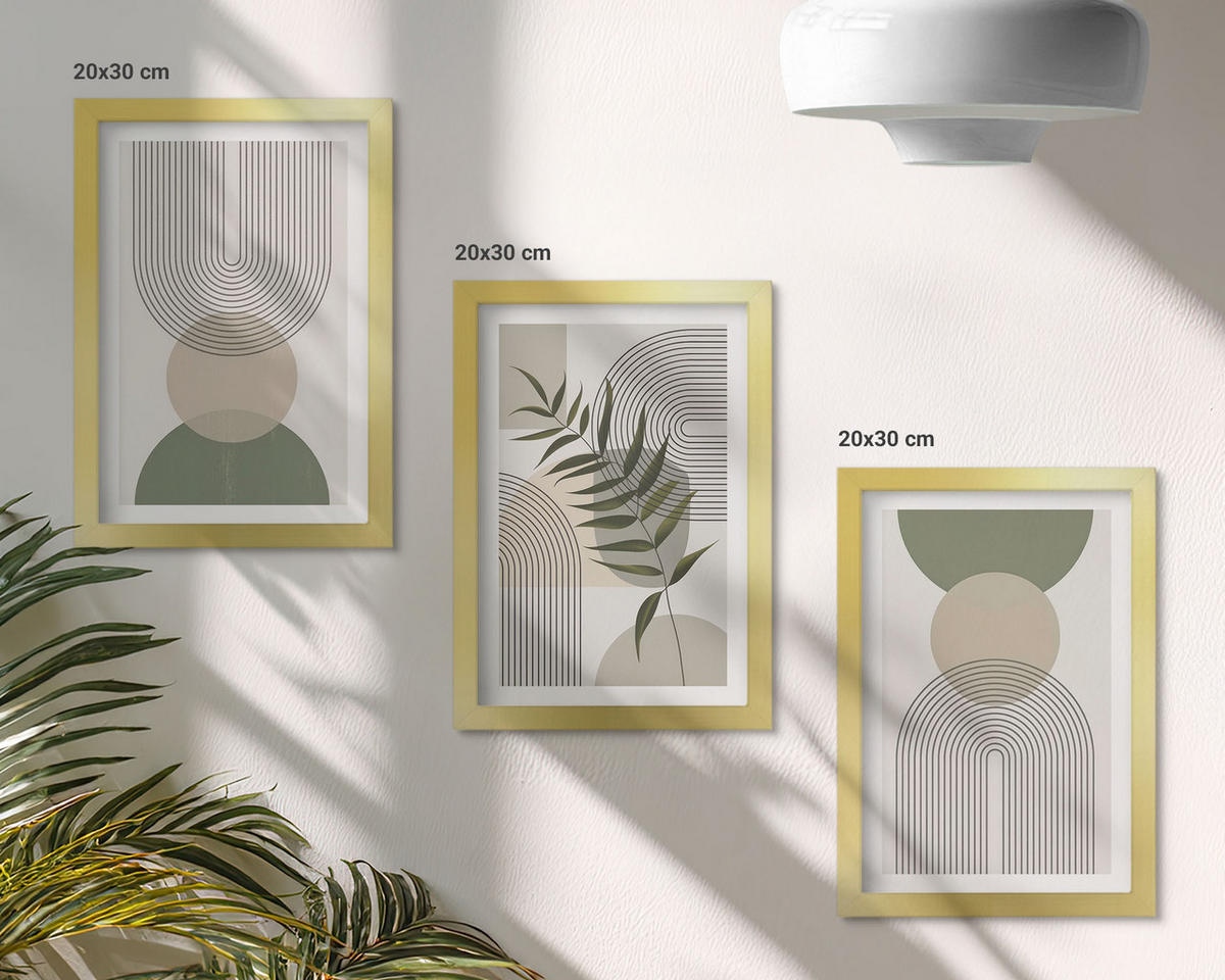 WANDBILDER 3er Set - 20x30 cm Goldrahmen - Abstrakte Formen mit Grün - Goldfarben, Kunststoff (20/30cm) - ArtPrintCave