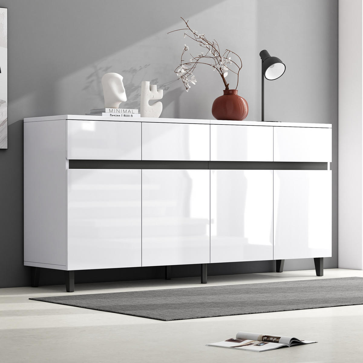 SIDEBOARD, 160/40/68 cm, bílý, dřevotříska, s vysokým leskem a 4 zásuvkami - bílá, kompozitní dřevo (160/68/40cm) - BEAOK