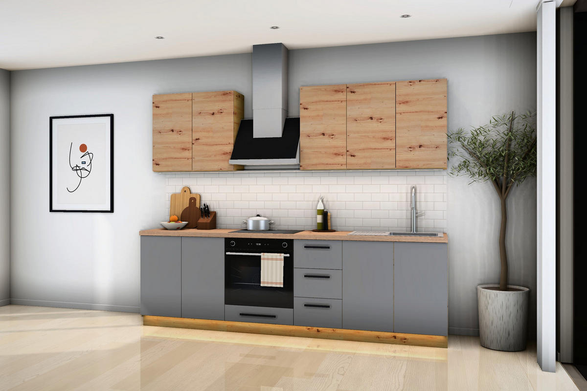 KÜCHENZEILE Nexa Grau & Woodline – 260 cm – K97-G260 - Hellbraun/Schwarz, Holzwerkstoff/Metall (260/212/52cm) - ROYAL24_MARKT