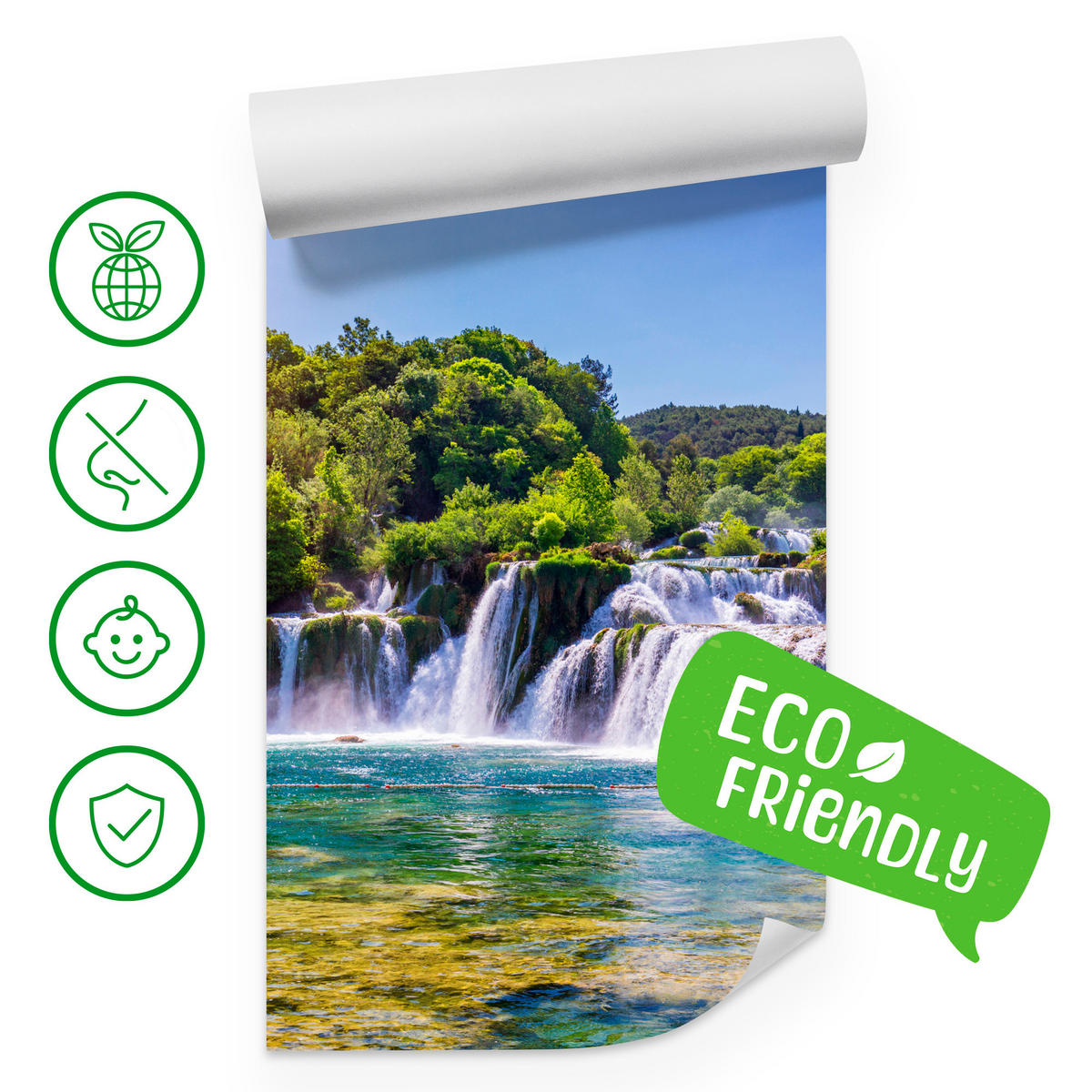 FOTOTAPETE Wasserfälle Wald Landschaft 3D 450x315 - Türkis/Blau, Papier (450/315cm) - Muralo