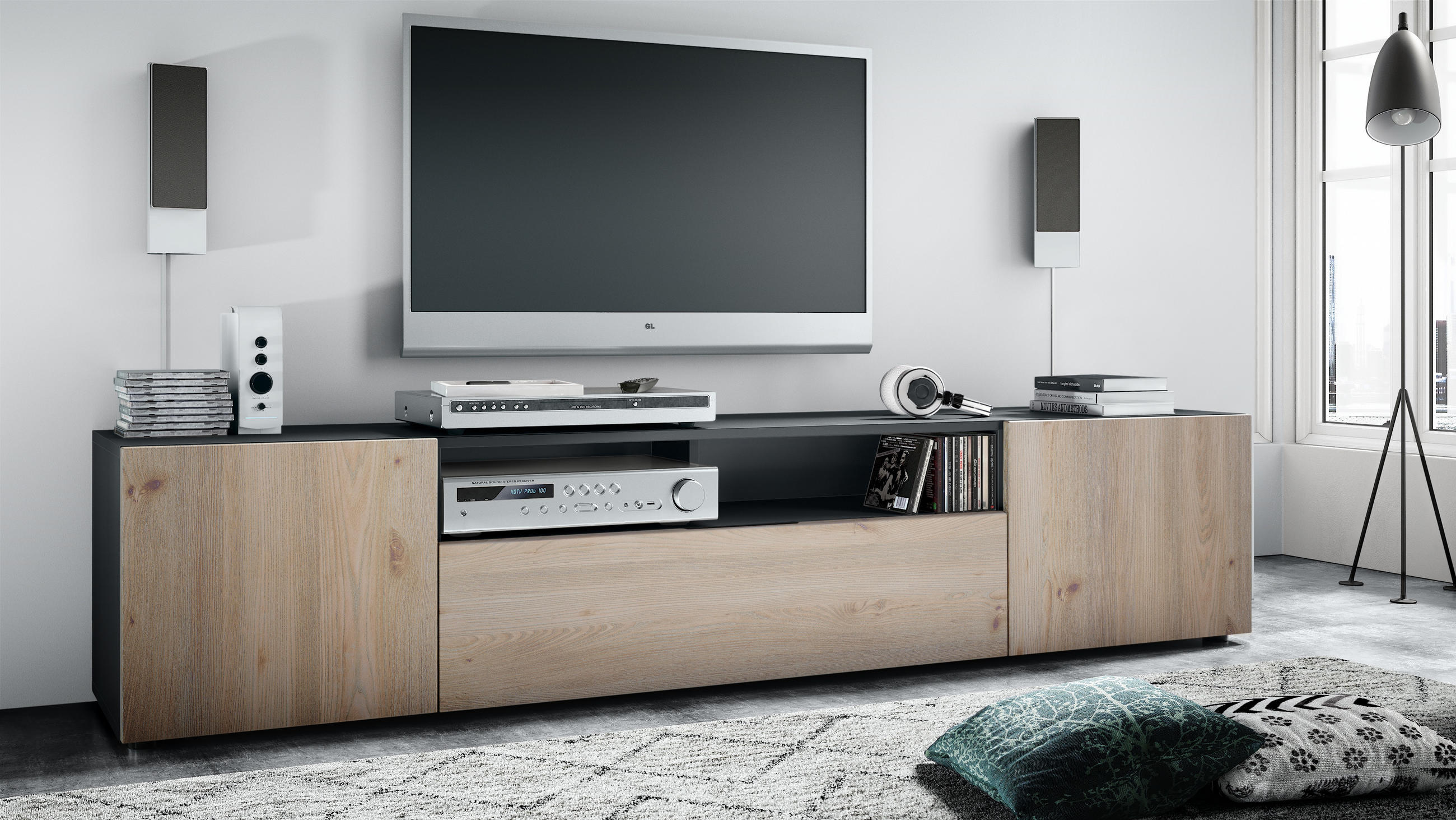LOWBOARD Mogan Fronten in Eiche Nordic - Silbereichenfarben, Holzwerkstoff (181/39/35cm) - Vladon