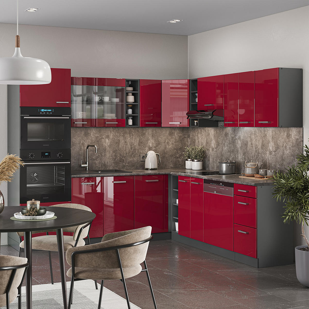 ECKKÜCHE R-Line Rot Hochglanz/Anthrazit 247 x 60 cm , AP Eiche - Anthrazit/Rot, Holzwerkstoff (247/81.6/60cm) - Vicco